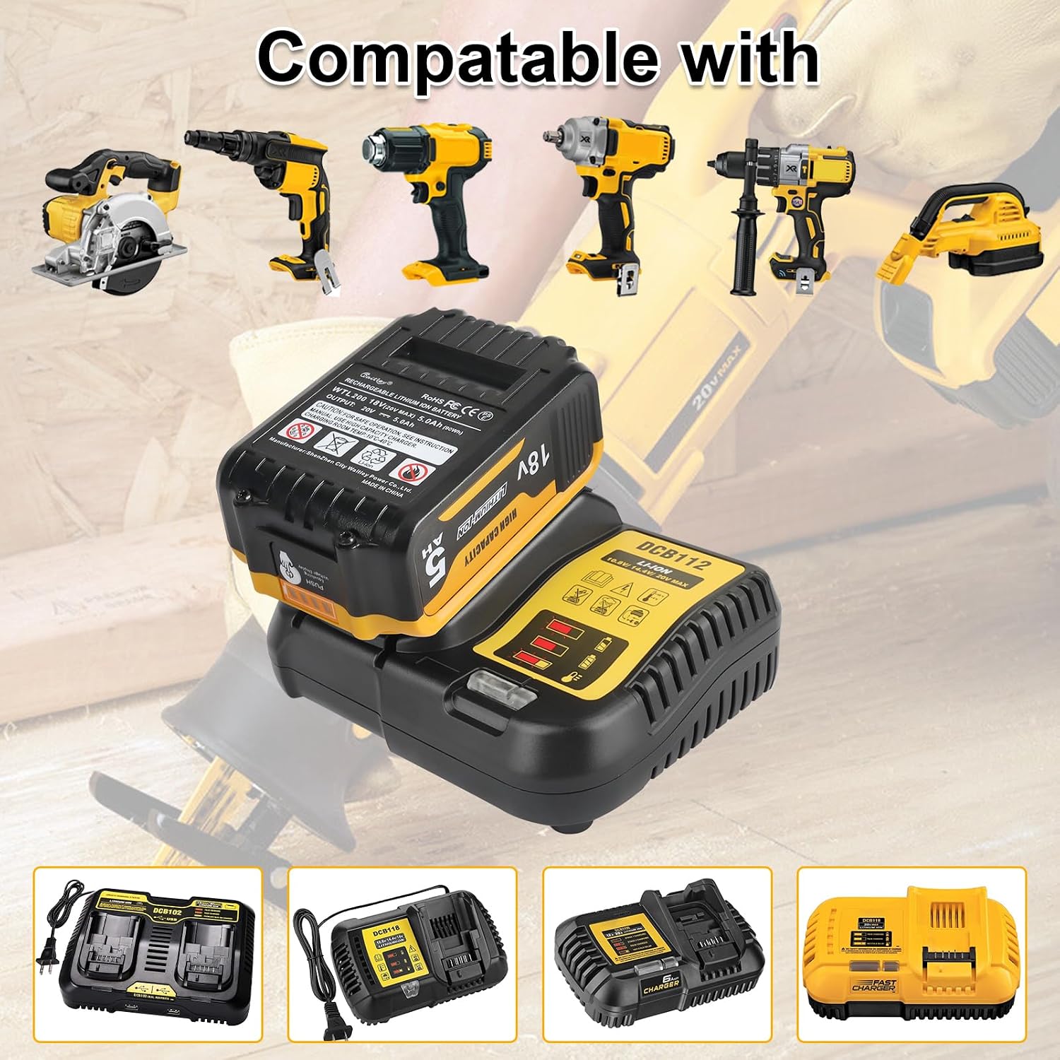 Thumbnail 2 de 2X Waitley Batterie 18V 5.0Ah – Compatible Dewalt DCB184, DCB180, DCB181, DCB182, DCB200, DCB201