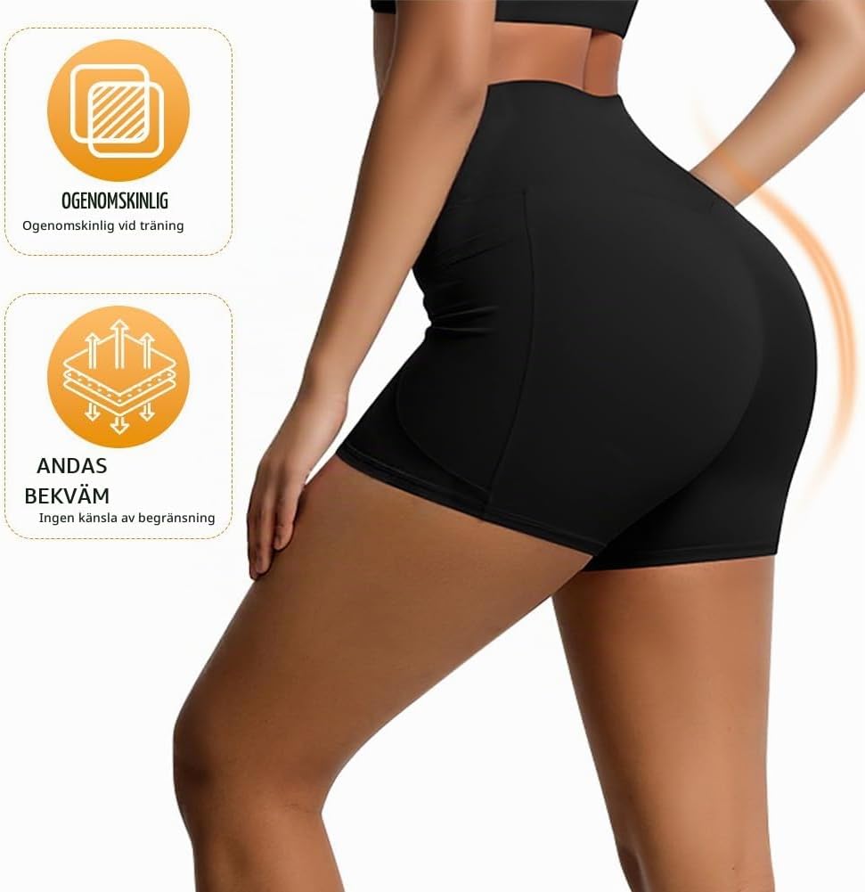 Thumbnail 5 de Svarta yogashorts för kvinnor med hög midja, två fickor och stretch