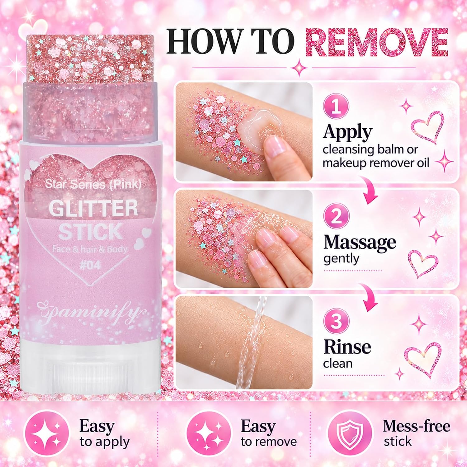 Thumbnail 6 de paminify Pink Glitter Stick for Hair, Face, and Body, Waterproof Hexagonal Sparkle