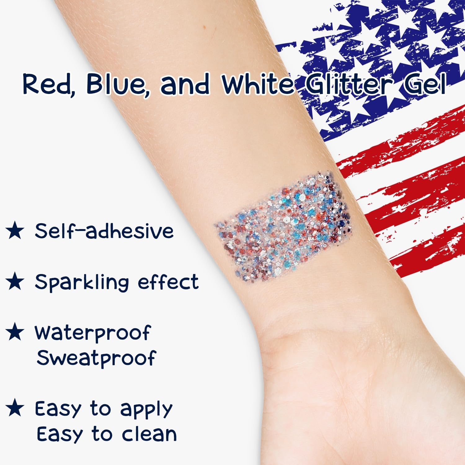 Detalle de Patriotic Body Glitter Stick: Waterproof Gel for Face, Body & Hair – Red, White & Blue Sparkle