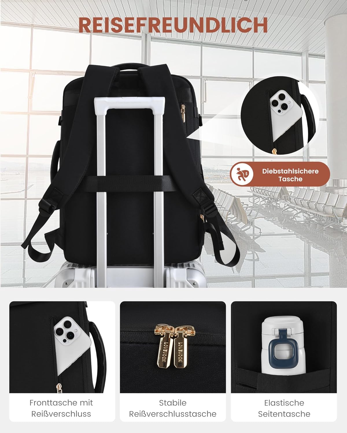 Detalle de LOVEVOOK Handgepäck-Rucksack 50L (18 Zoll) – erweiterbar, wasserabweisend und als Cabin Bag nutzbar