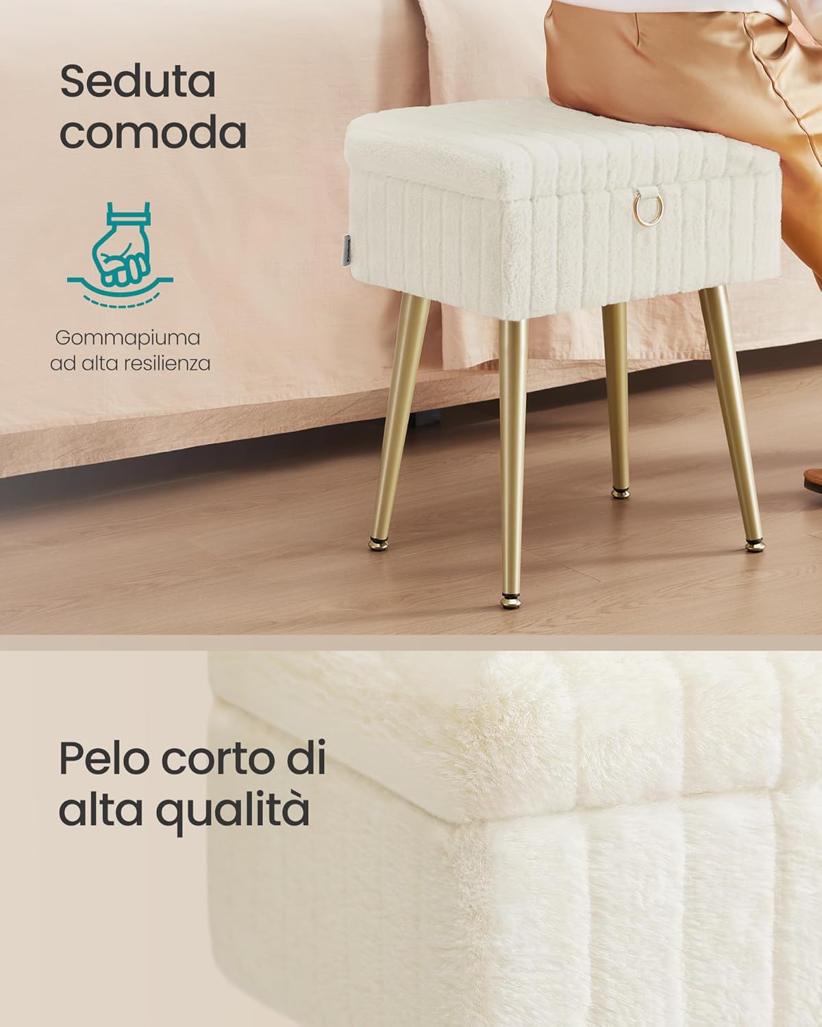 Detalle de SONGMICS Sgabello da Trucco LOM505WZ02 – Pouf contenitore bianco crema, robusto e versatile 30x40x50 cm