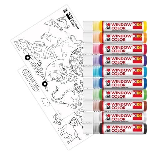 Detalle de Marabu Window Color Set 0306000000100 – 10x 25 ml Fensterfarben + Malvorlage A4, 18 Motive, wasserbasierte Fenstermalfarben