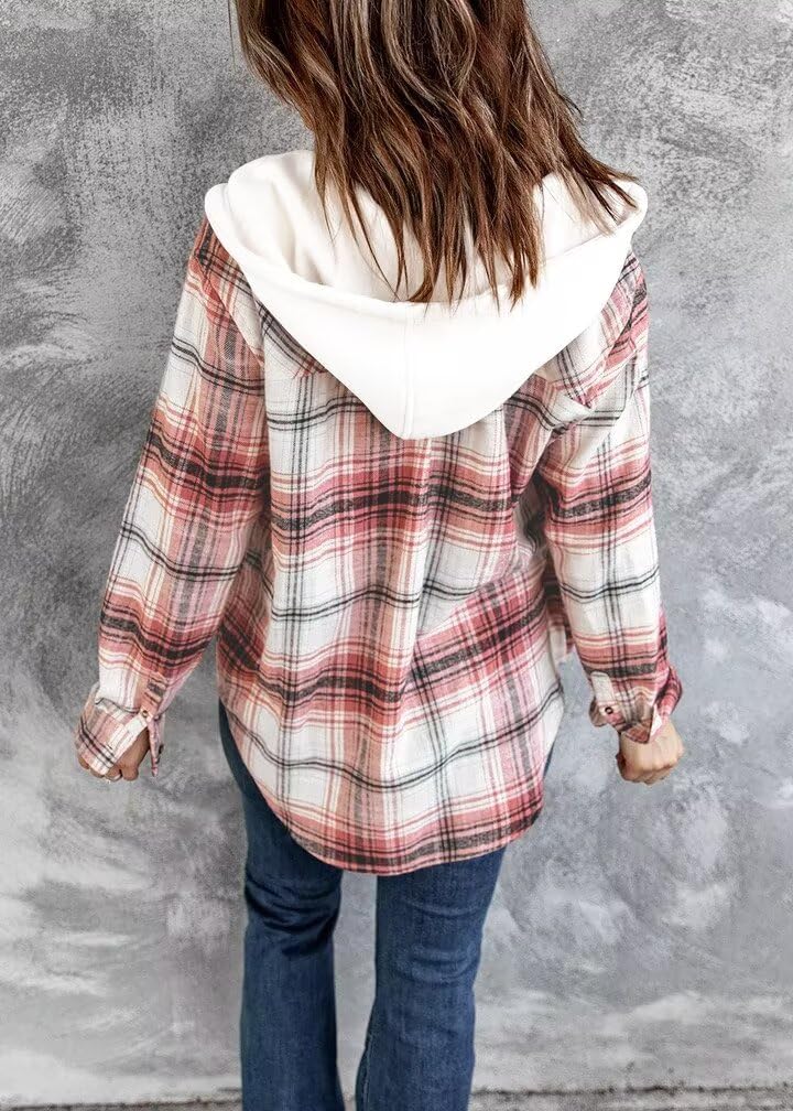 Detalle de LACOZY Women's Flannel Checked Shirt Hoodie – Loose Fit, Button-Down Buffalo Plaid Sweatshirt