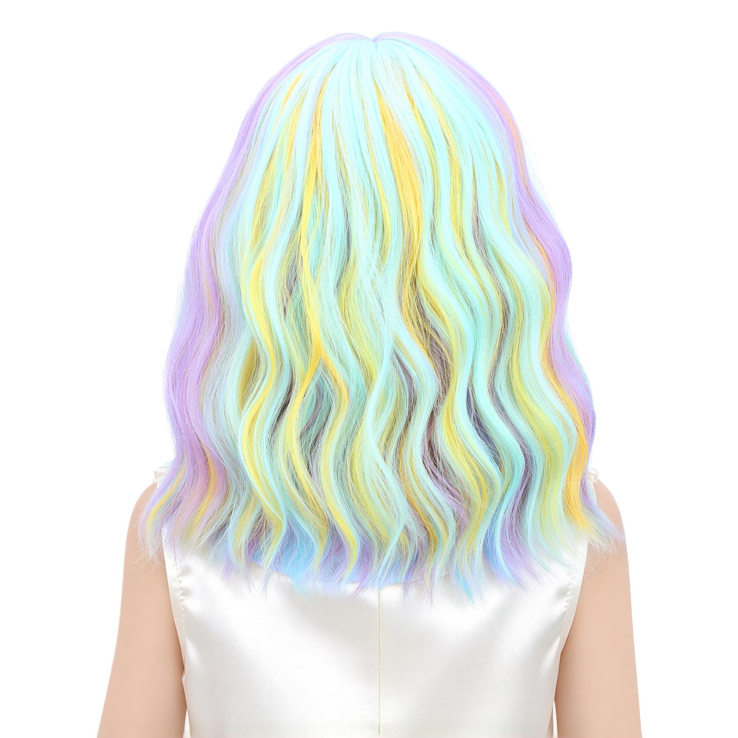 Detalle de PATTNIUM Multicolor Rainbow Wig for Kids with Bangs, Wavy Heat-Resistant Hair