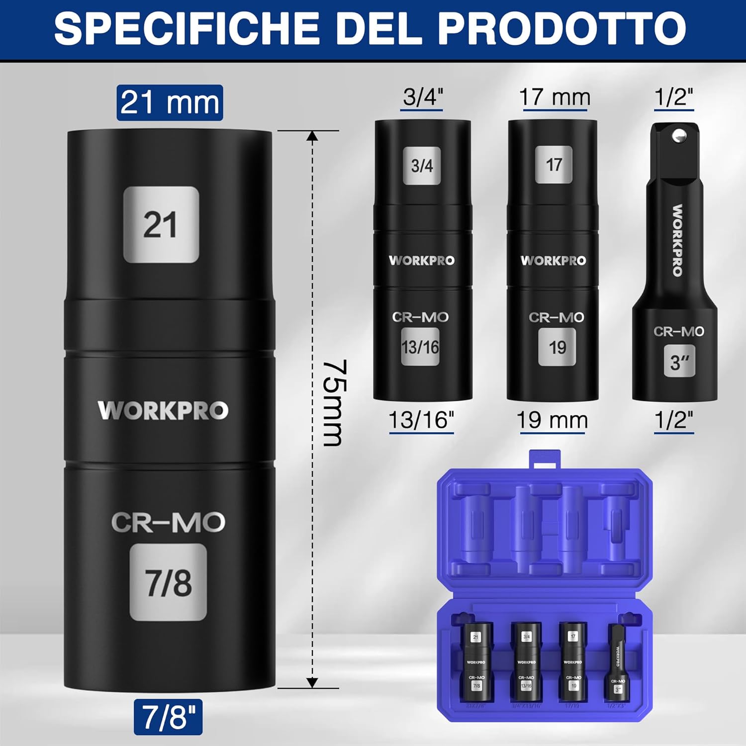 Thumbnail 1 de WORKPRO Set di Bussole a Percussione e Doppia Testa da 1/2'' con Estensione – 6 Misure SAE/Metriche