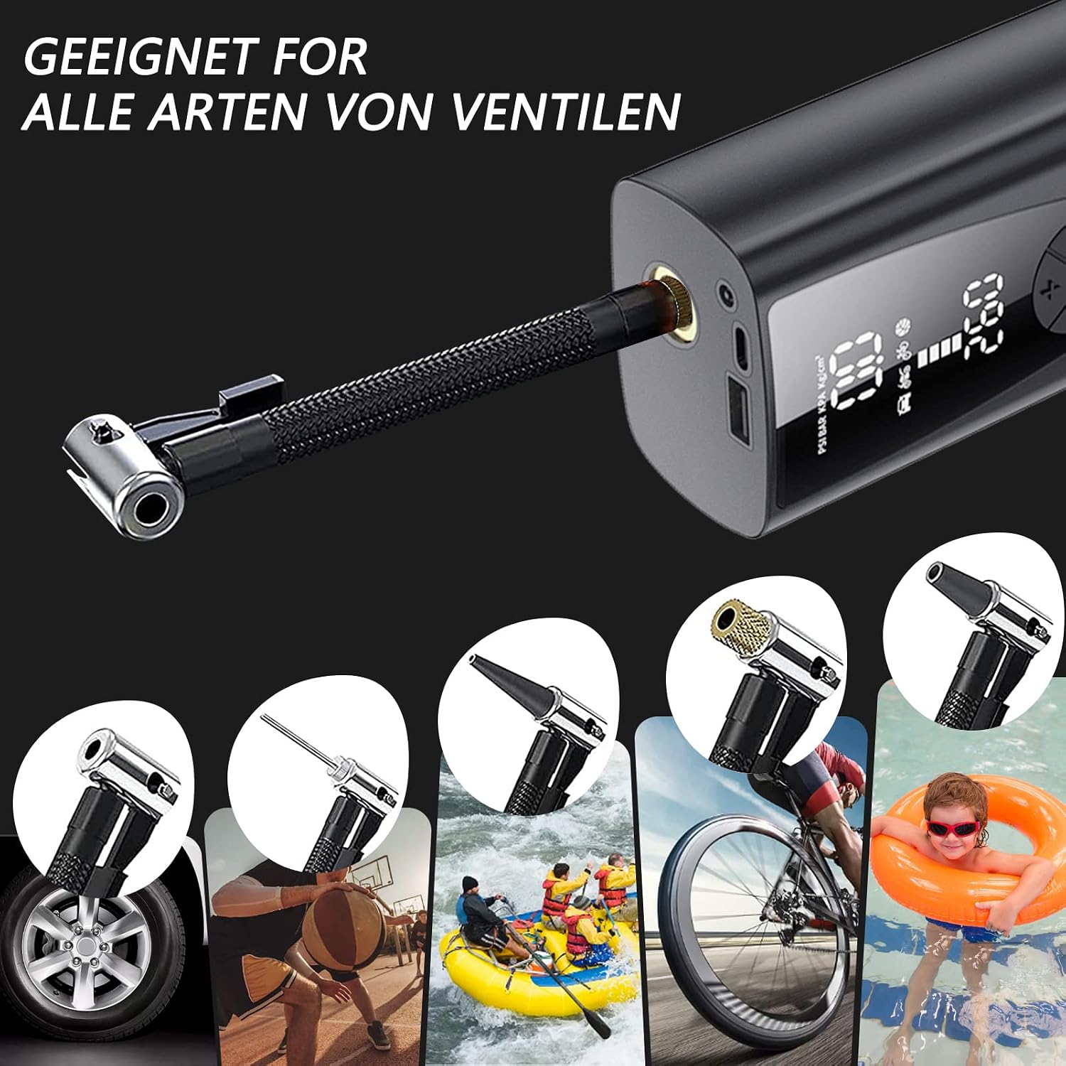 Detalle de Tragbare elektrische Fahrradpumpe mit Akku 6000 mAh – 150 PSI, kabellos, LCD-Druckanzeige, LED-Beleuchtung und Mehrfach-Adaptern