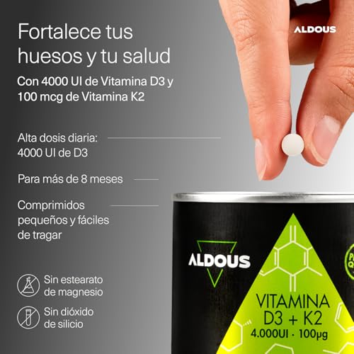 Detalle de Vitamina D3 K2 4000 UI de Aldous Bio, 250 comprimidos – Dosis alta para huesos, músculos e inmunidad