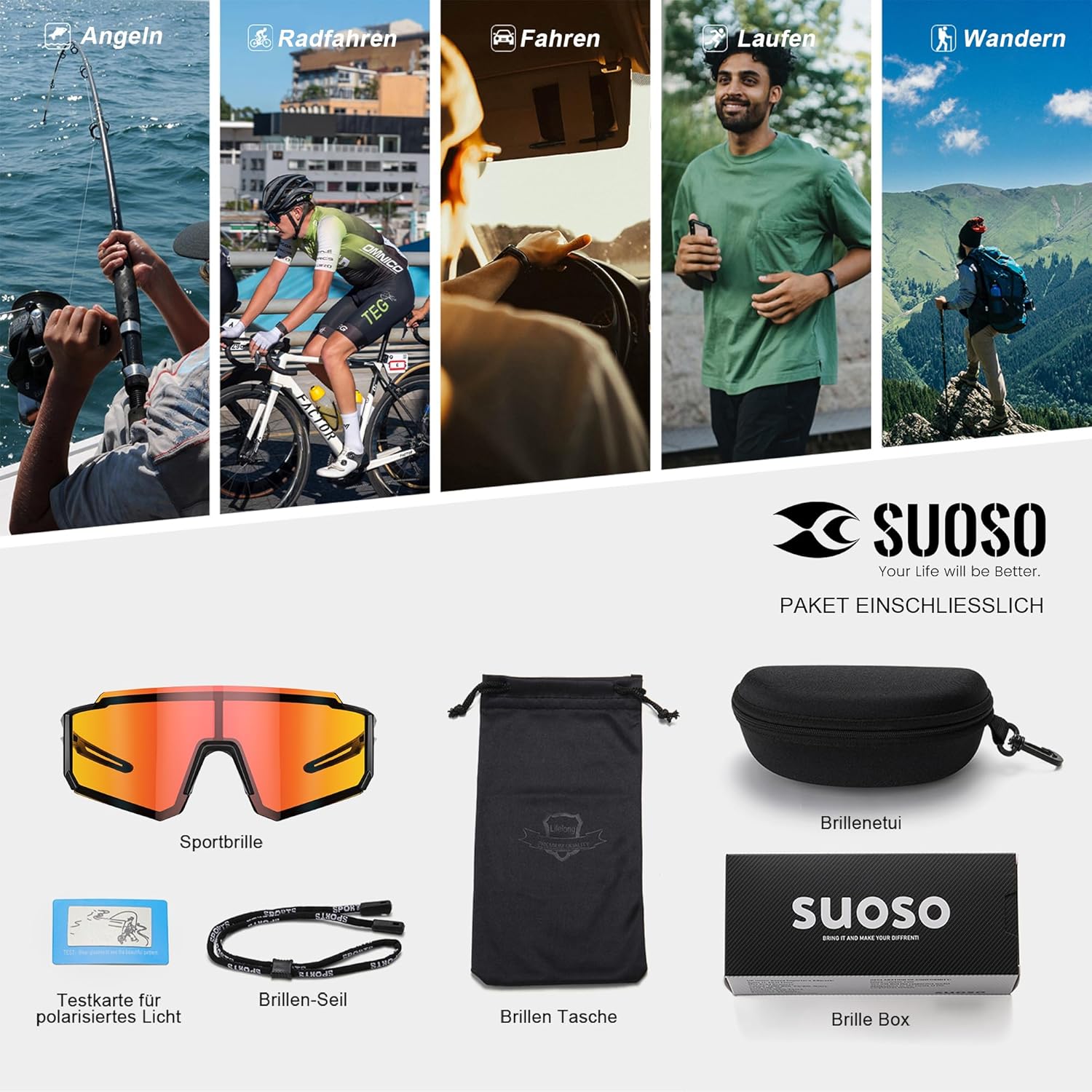 Detalle 2 de suoso Sportbrille mit selbsttönenden Gläsern (UV400) für Radfahren, Angeln & Ski