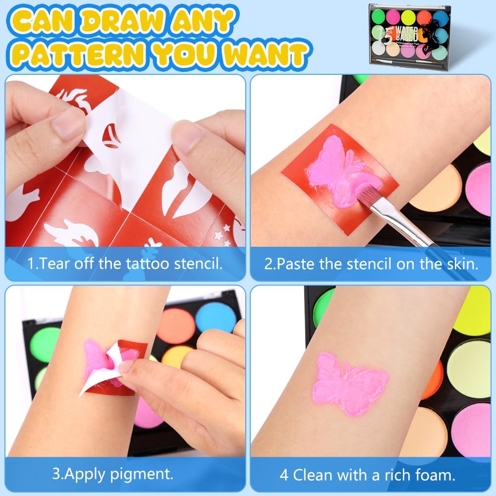 Thumbnail 6 de AOOWU Body Painting kit viso e corpo con 15 colori neon, 41 stencil e glitter adesivi