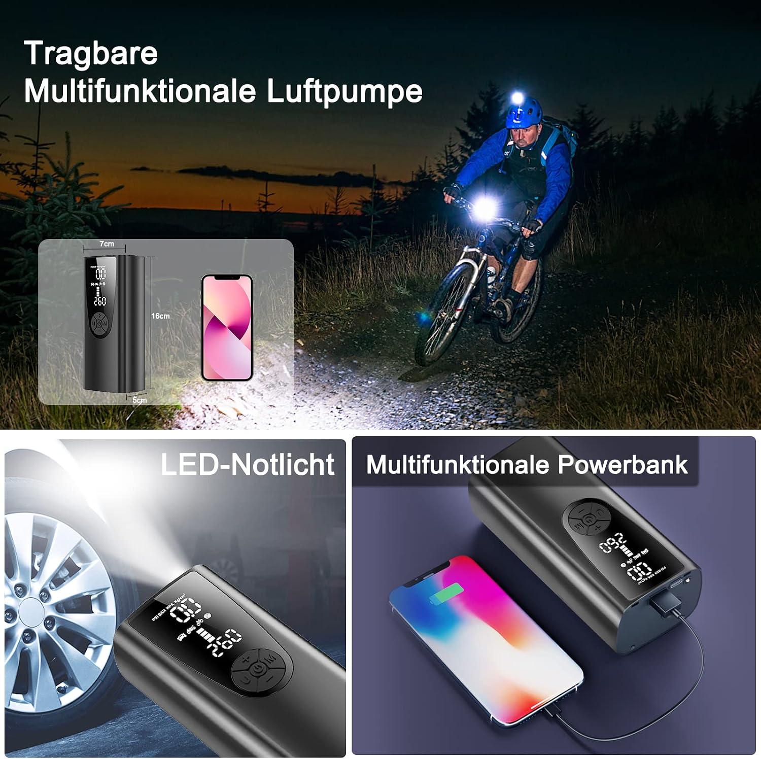 Detalle de Tragbare elektrische Fahrradpumpe mit Akku 6000 mAh – 150 PSI, kabellos, LCD-Druckanzeige, LED-Beleuchtung und Mehrfach-Adaptern