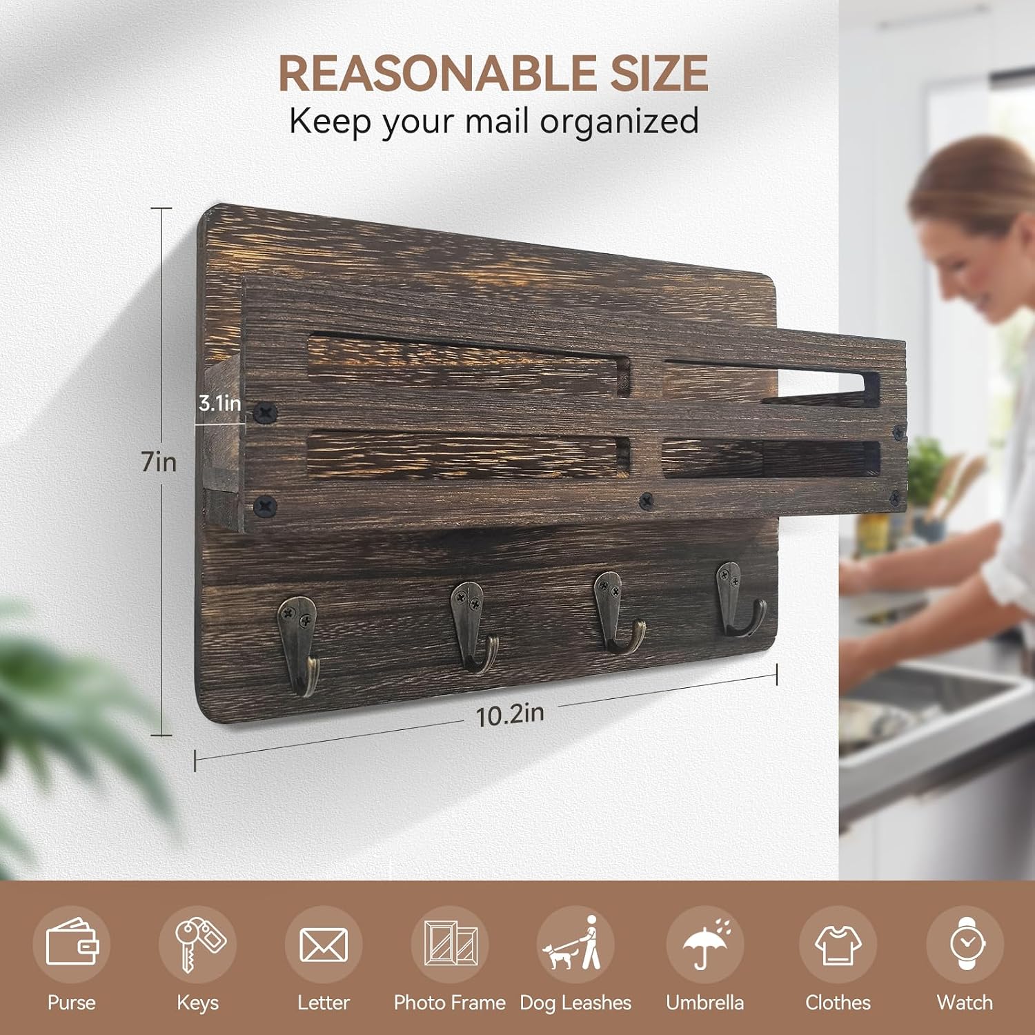 Detalle de KISENG Key Hooks Wall-Mounted Key and Mail Organizer, 4 Hooks, Paulownia Wood