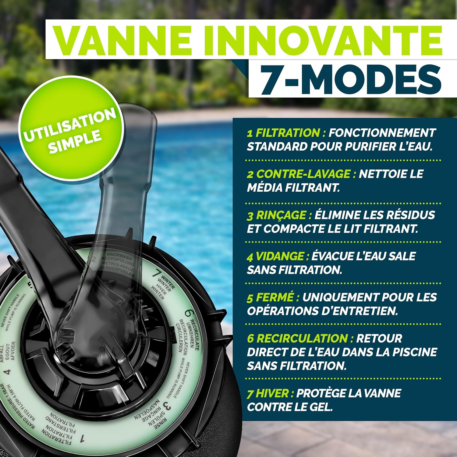 Detalle de Système de filtre à sable tillvex® 7.900 L/h avec vanne 7 voies et indicateur de pression (adaptateur 2en1 Ø32-38 mm)