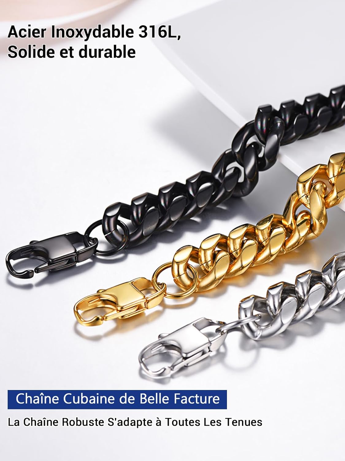 Thumbnail 6 de PROSTEEL Chaîne collier homme à maillons gourmette en acier inoxydable 316L / plaqué or noir – largeurs 4,8 à 14 mm