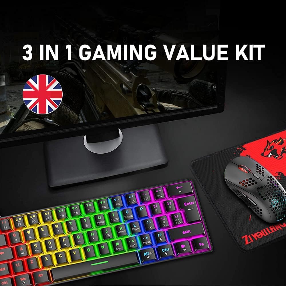 Detalle 2 de 60% UK Layout Wired Gaming Keyboard and Mouse 62 Keys Mini Compact Mechanical Keyboard + 6400 DPI RGB Mouse