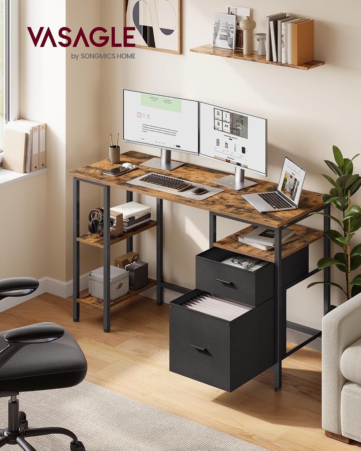 Thumbnail 1 de VASAGLE Computer Desk with Storage (LWD103KD01) – 127 x 50 x 76 cm, Rustic Brown & Matte Black