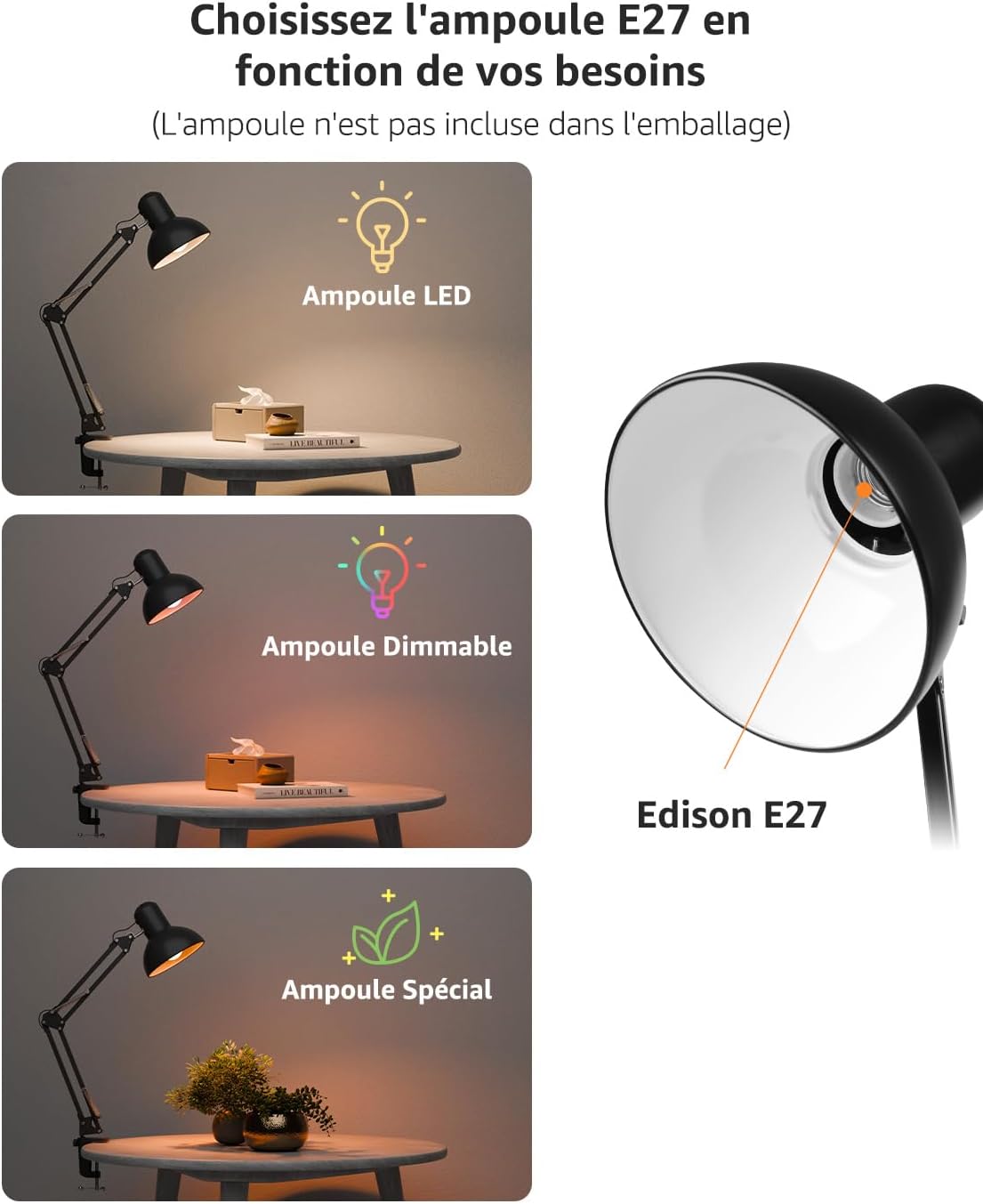 Thumbnail 4 de Lepro Lampe de Bureau à pince, Lampe Pince E27 – Noir, Ventilation Nordique en Métal
