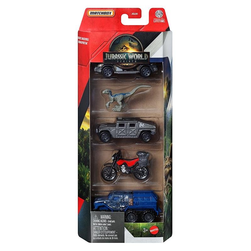 Detalle 2 de Mattel Matchbox Jurassic World JGL24 set de 4 vehículos y figura (1:64)