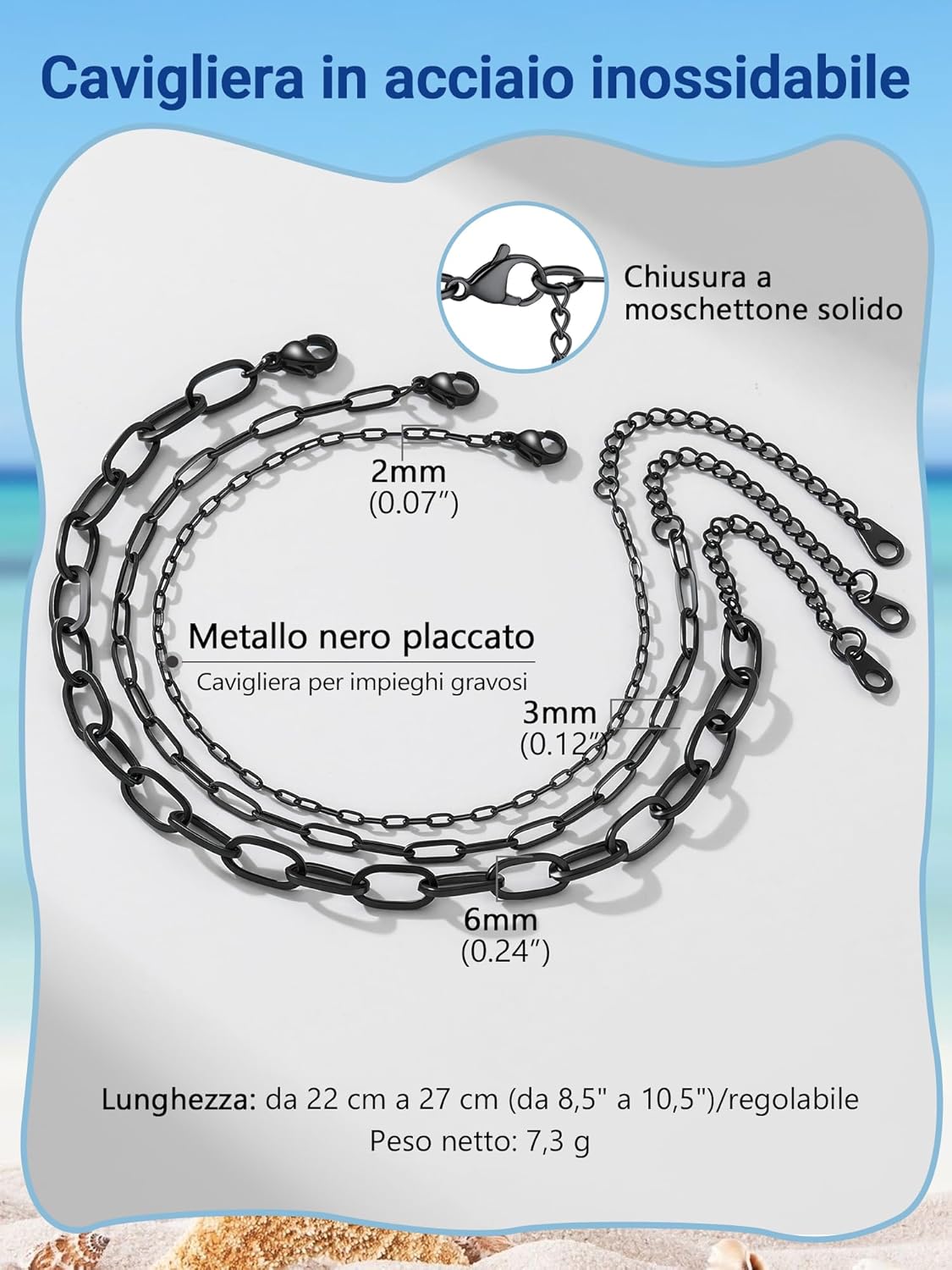 Thumbnail 1 de PROSTEEL Cavigliera donna in acciaio inox 316L con catena a clips (2 o 3 pezzi) – estetica minimalista