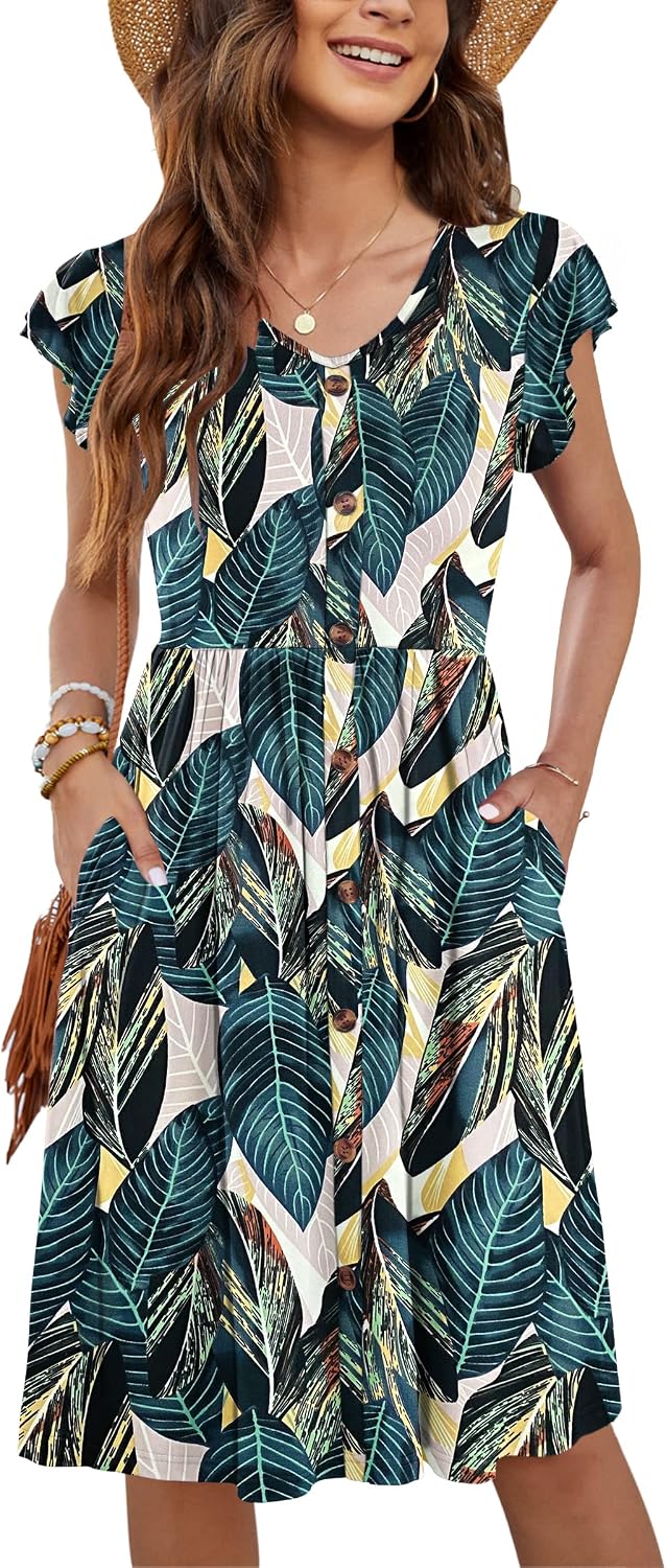 Detalle de MOLERANI Damen Sommerkleider Rüschen Ärmel V-Ausschnitt Midi Kleid mit Taschen – elastischer Taillenschnitt, Größe S–2XL