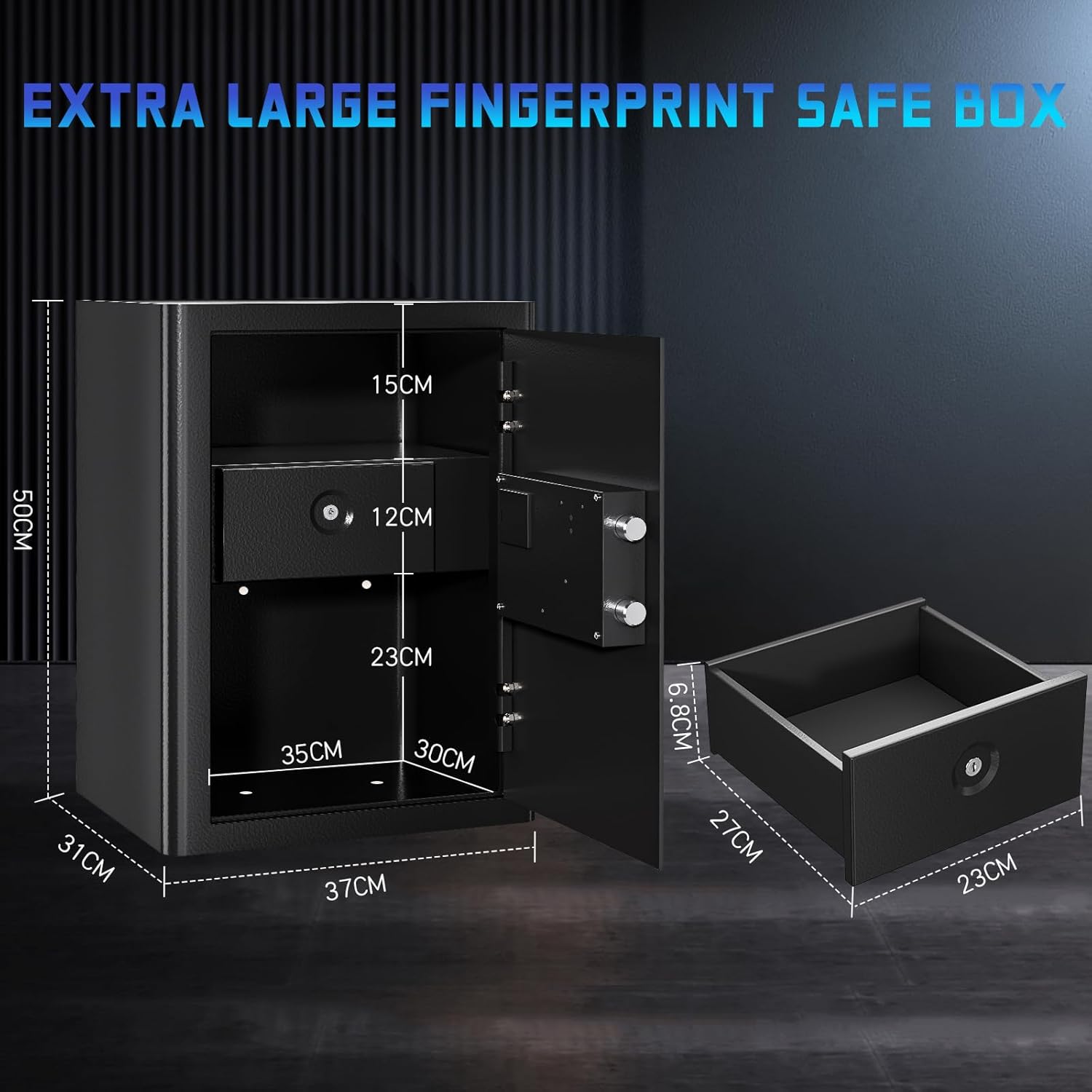 Detalle de WASJOYE 57L: Cassaforte Ignifuga con Impronte Digitali e Apertura a Chiave – Sicurezza per Casa, Ufficio e Hotel