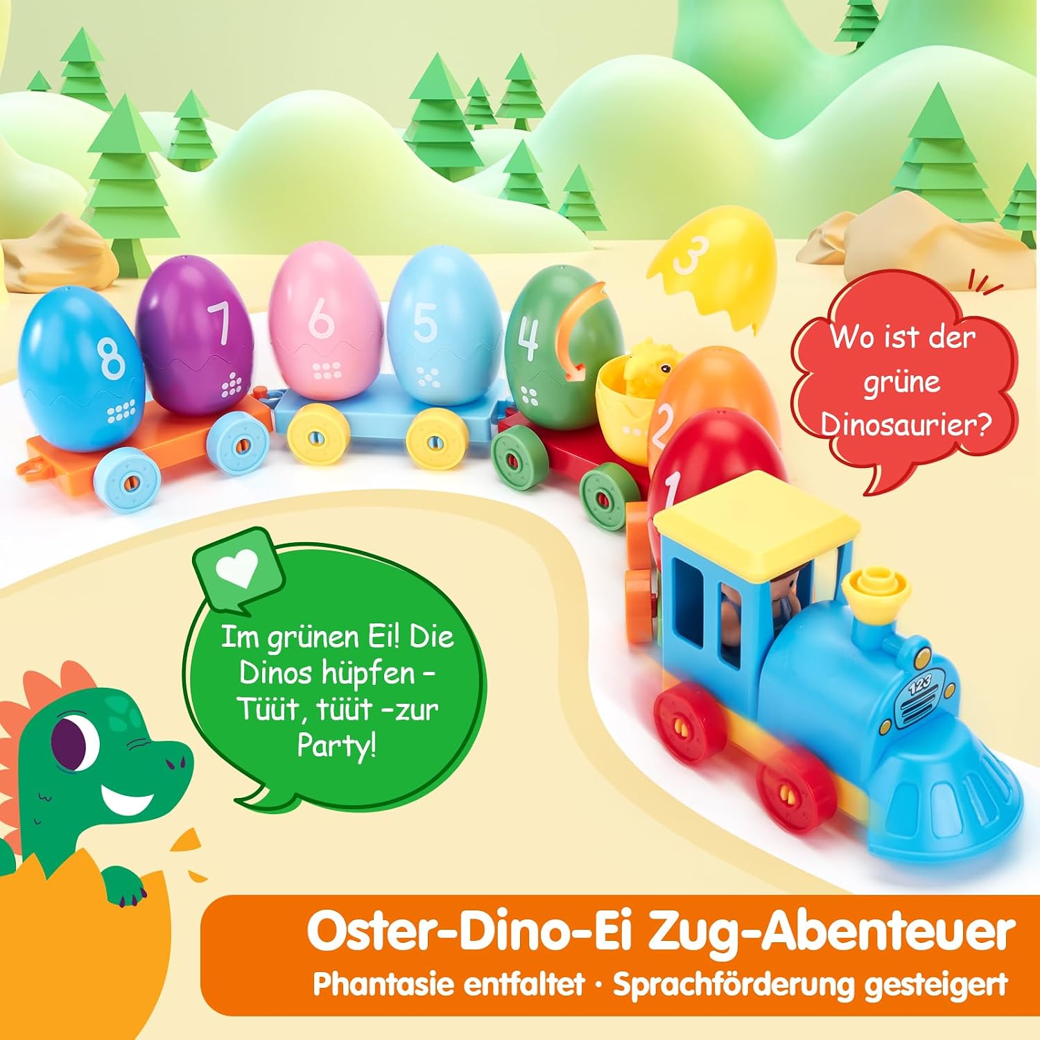 Detalle de Hahaland Dinosaurier Montessori Spielzeug 2 Jahre – Zug, Eier, Fingerpuppen & Sticker