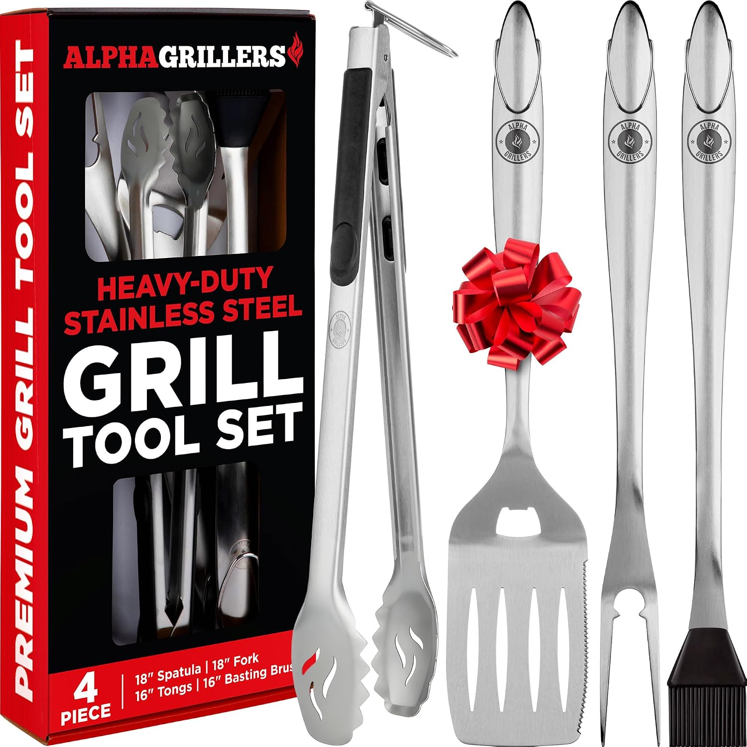 Detalle de Alpha Grillers Grilling Accessories Tool Set (Spatula, Fork, Brush & Tongs) — BBQ Grill Utensils Gift Set