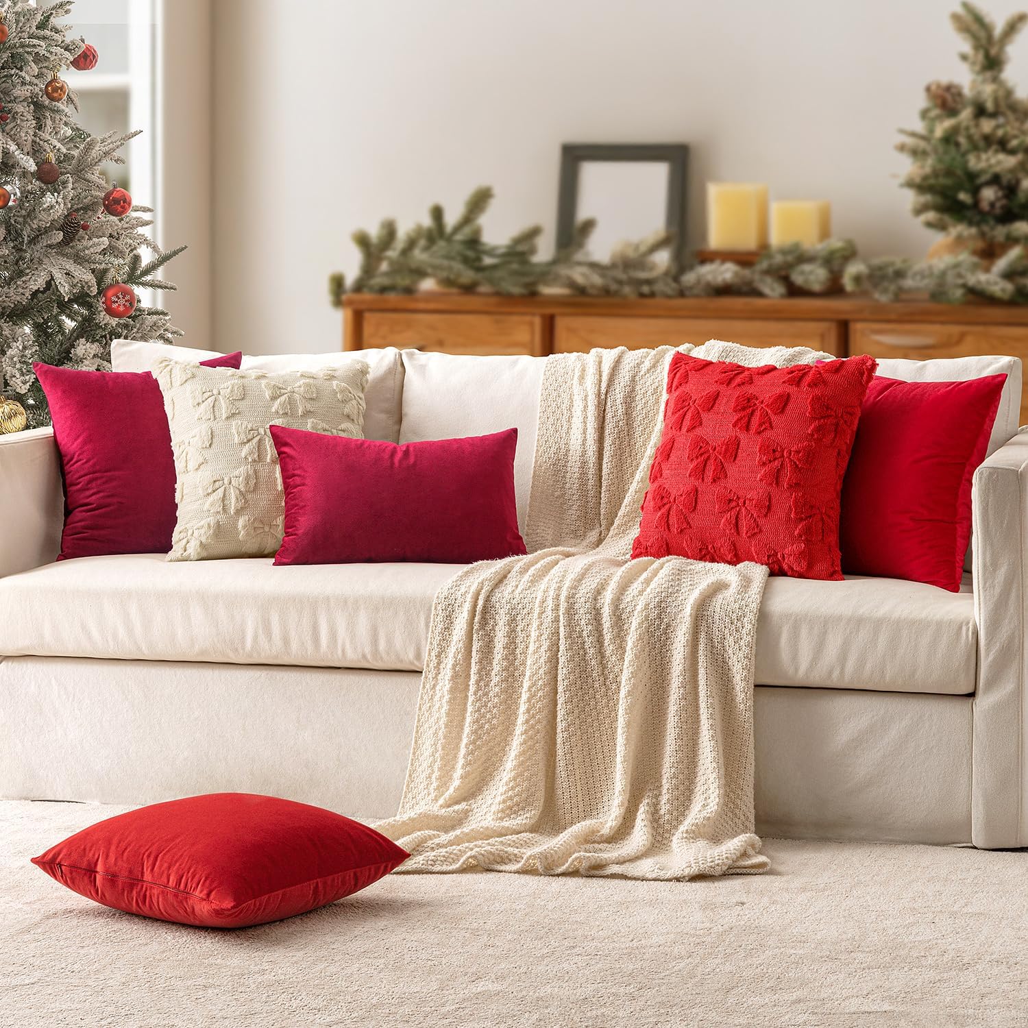 Thumbnail 2 de Lot de 2 housses de coussin en velours MIULEE pour canapé 40x40 cm, rouge