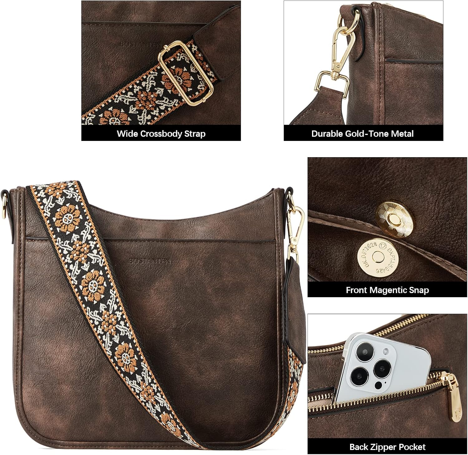 Thumbnail 5 de BOSTANTEN Crossbody Bags for Women – Vegan PU Leather Hobo with Wide 5cm Strap in Coffee