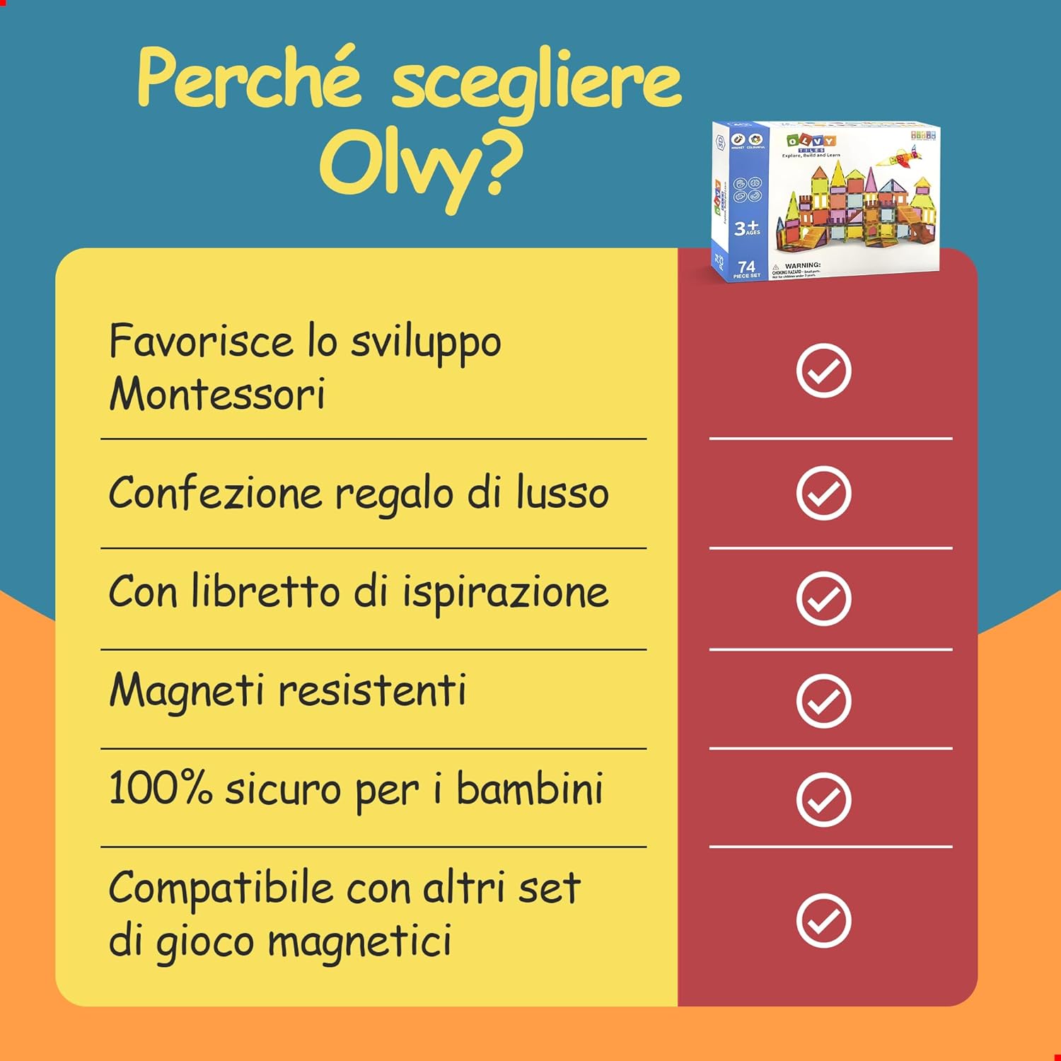 Detalle 2 de Olvy Gioco Montessori per bambini con 120 blocchi magnetici luminosi