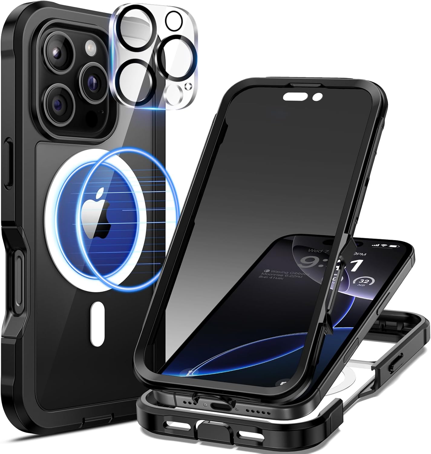seacosmo Coque Magnétique Anti Espion pour iPhone 16 Pro 6,3" – Verre trempé, Caméra Protecteur et Protection 360