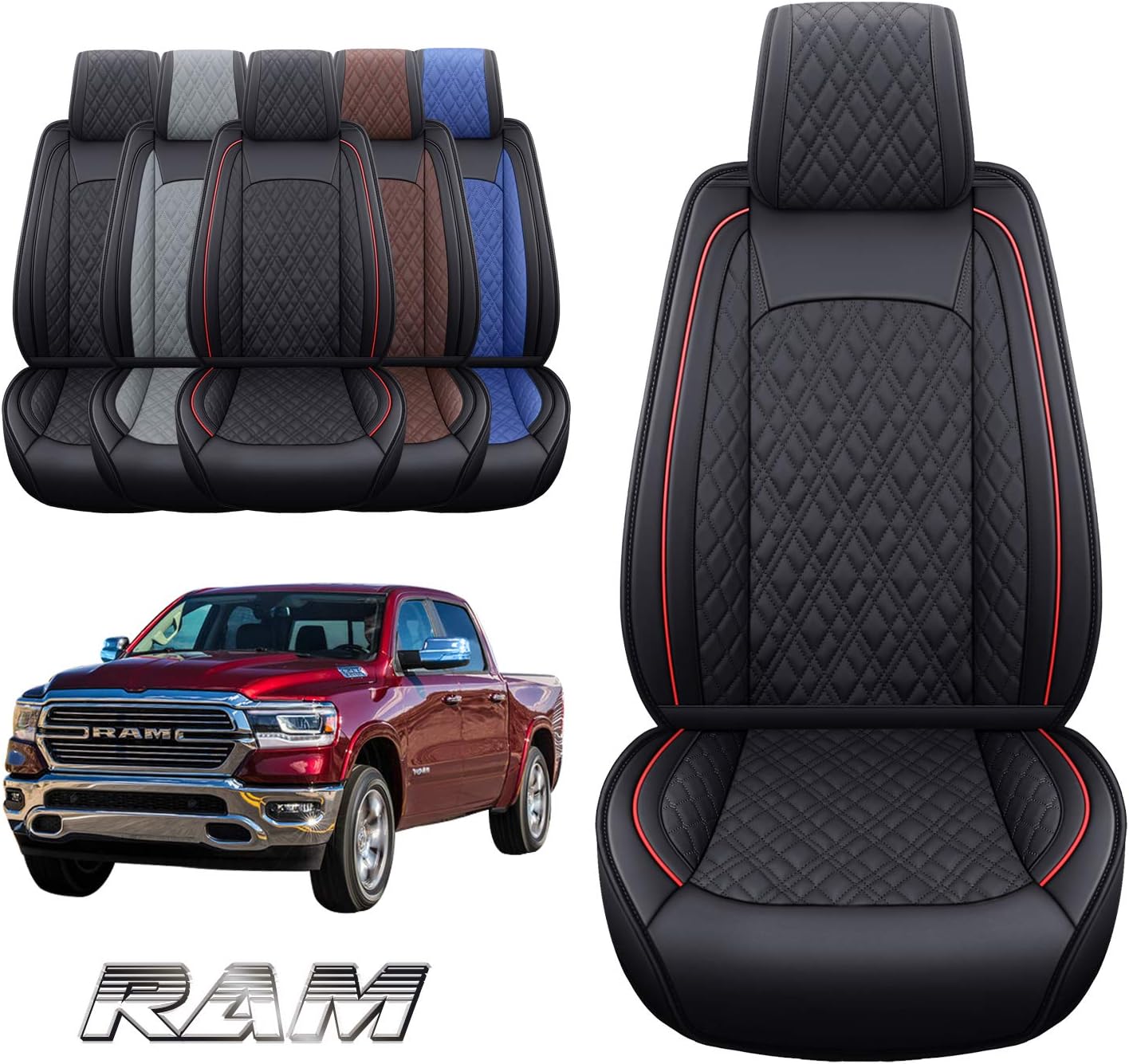 Thumbnail 1 de YIERTAI Faux Leather Car Seat Covers for Dodge Ram (2009-2026) Red Front Seat Set