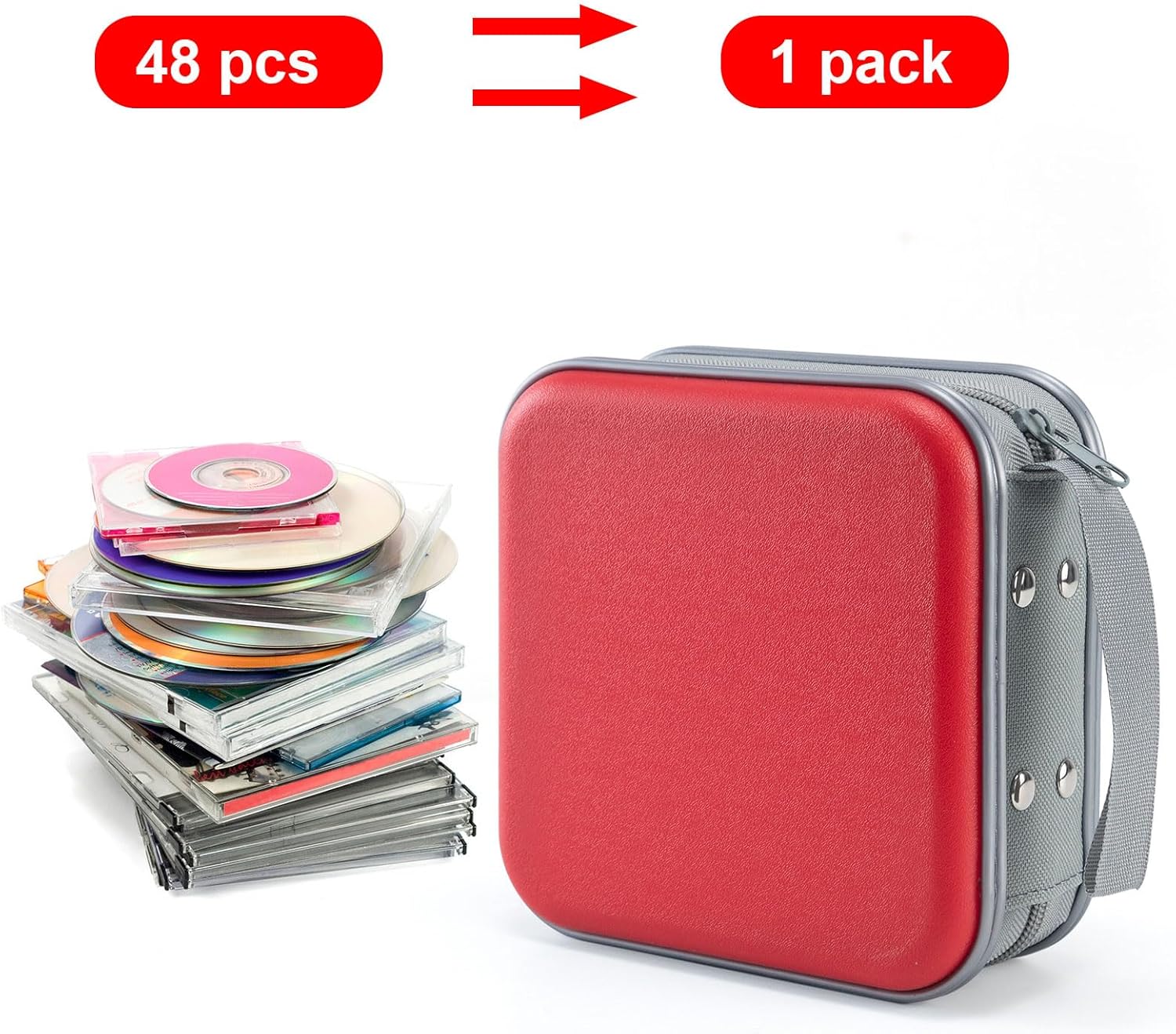 Detalle 2 de LIOVODE 48-Disc CD/DVD Case — Portable Hard Plastic Wallet with Fixed Inner Pages (Red)