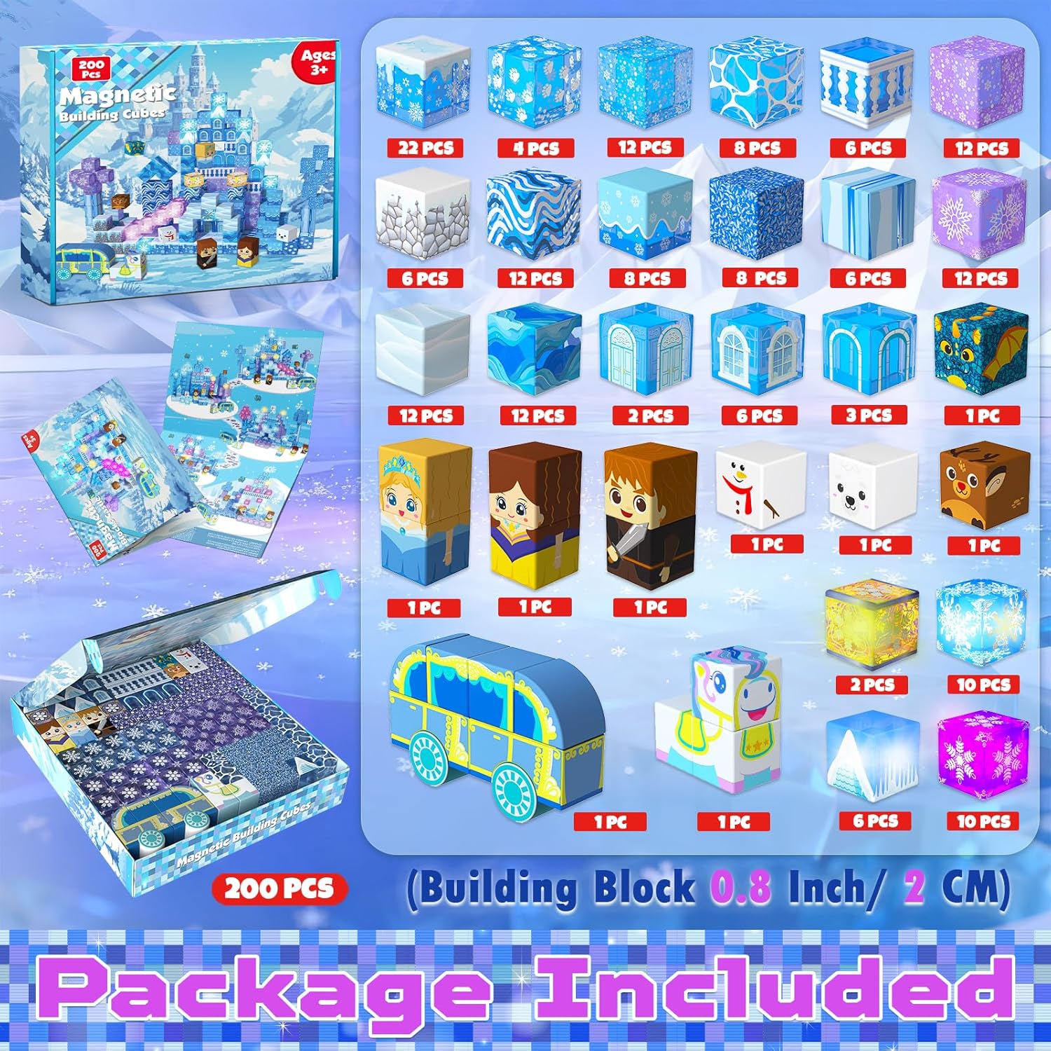 Thumbnail 2 de 200 PCS Magnetic Blocks with Light Up & Transparent Cubes for Blue Snow Princess Castle