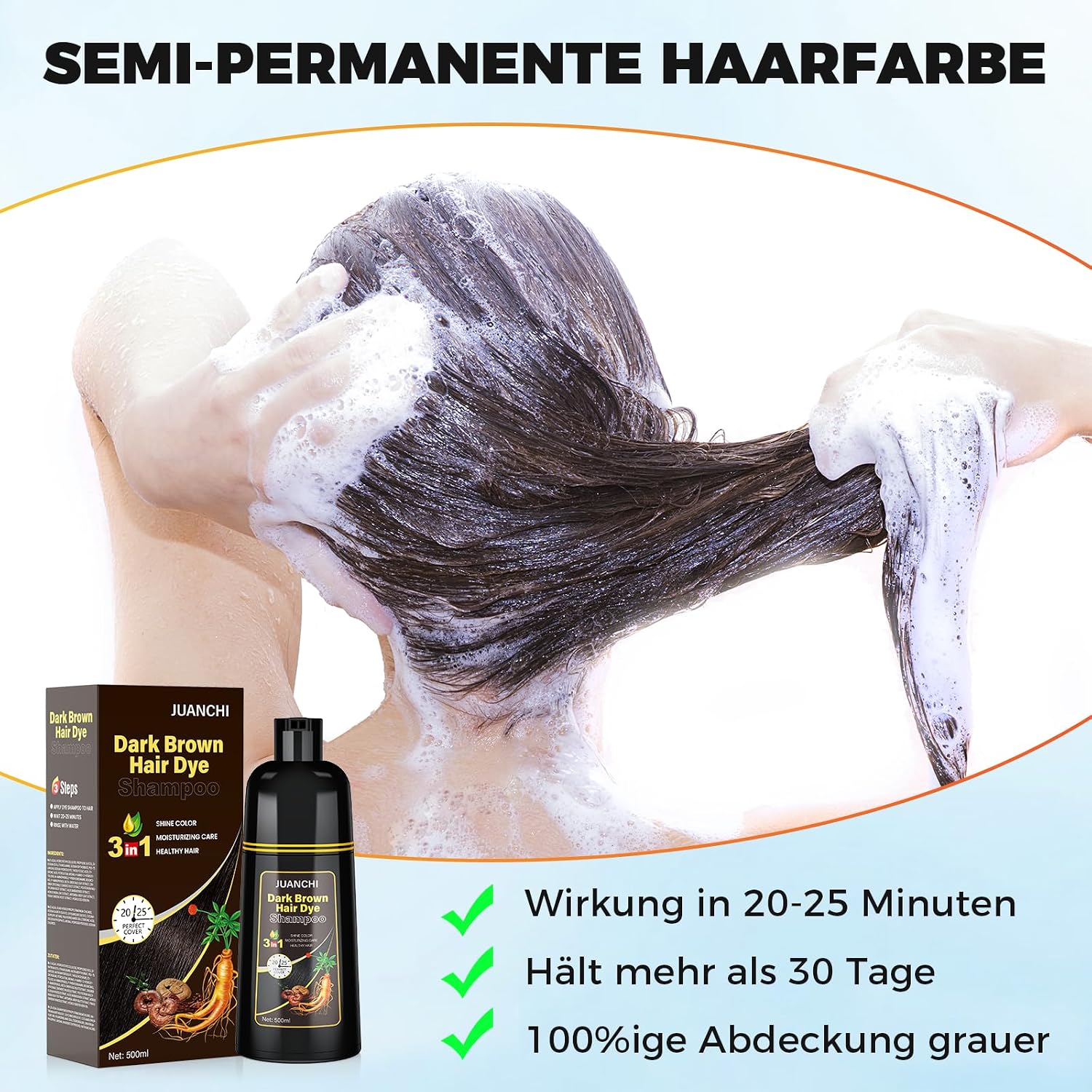 Detalle 2 de JUANCHI Dunkelbraunes Haarfärbeshampoo für Graues Haar – 500 ml