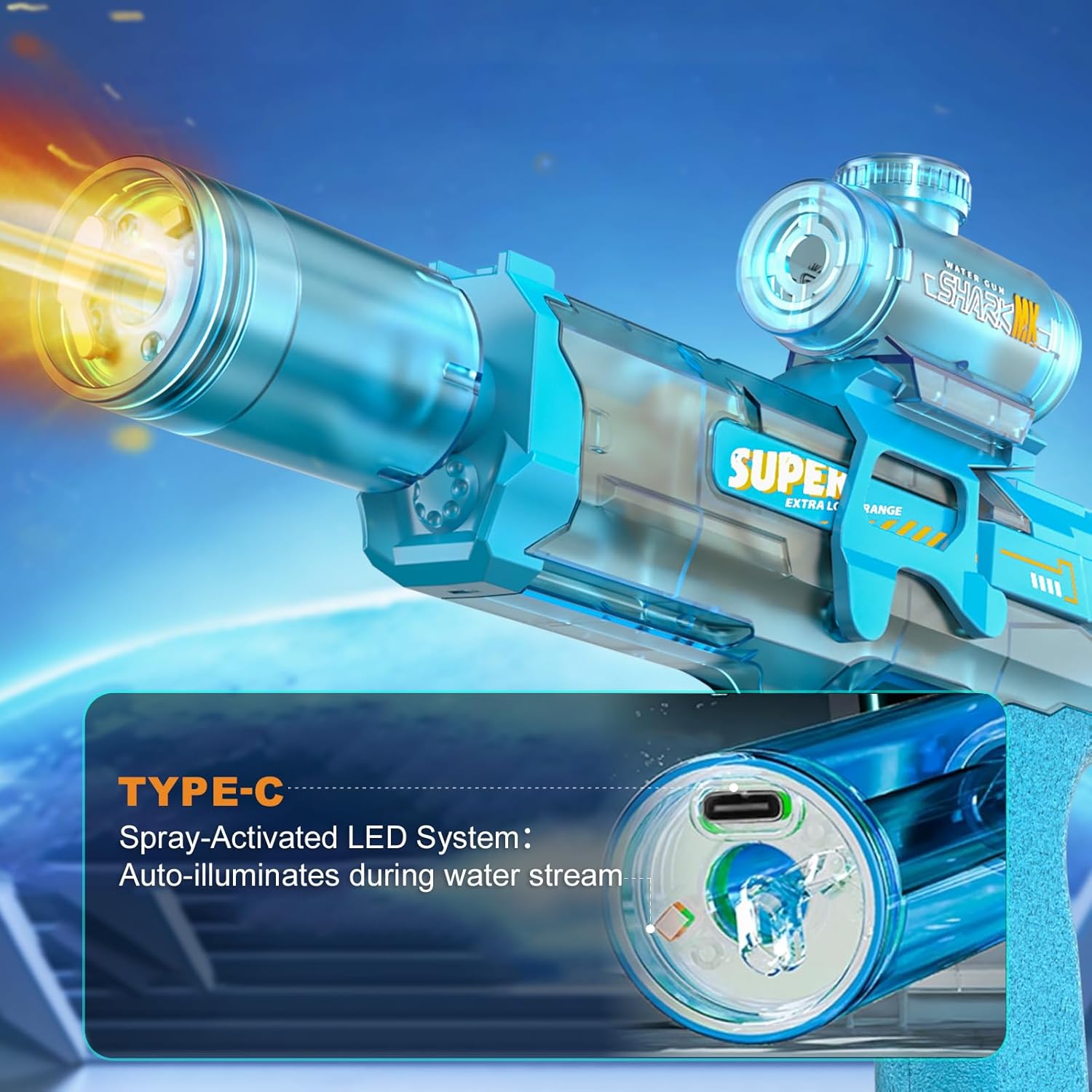 Thumbnail 5 de StimuVariety Elektrische Wasserpistole für Erwachsene & Kinder mit automatischem Sprühmodus und LED-Lichtern (blau)