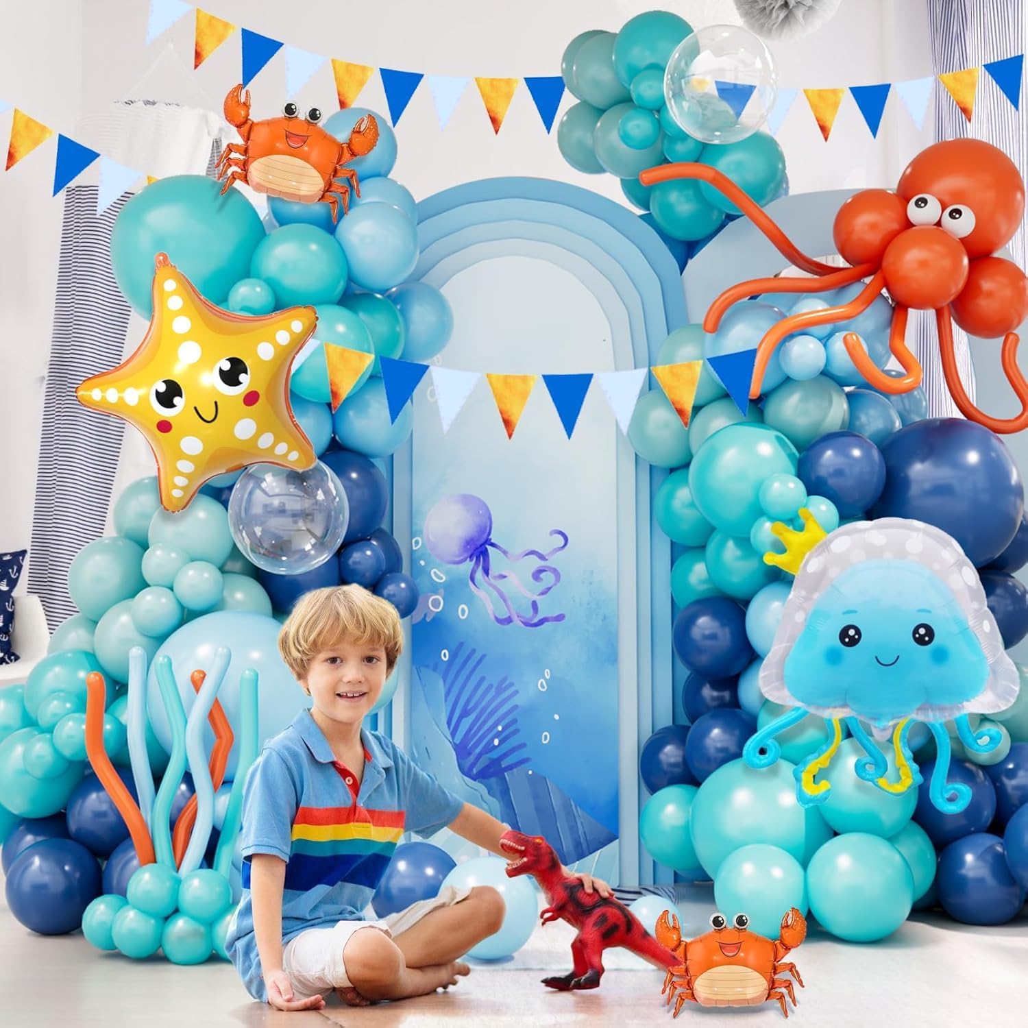 Detalle de 166Pcs Ocean Animals Blue Balloon Arch Kit – Light Blue to Teal and Orange Balloons for Under The Sea Party
