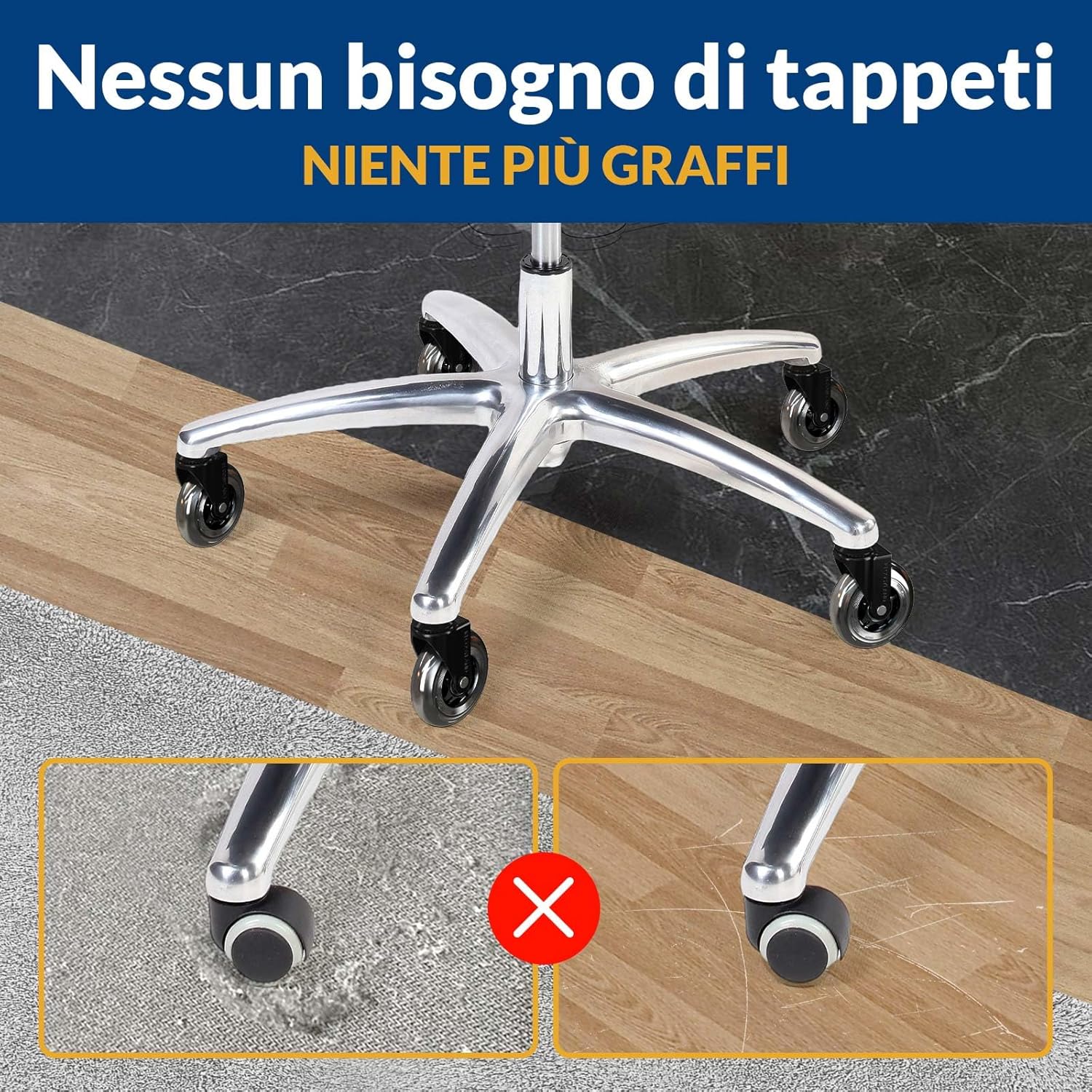 Detalle de COSYLAND Rotelle sedia ufficio in argento trasparente – Set 5 ruote silenziose per pavimenti duri