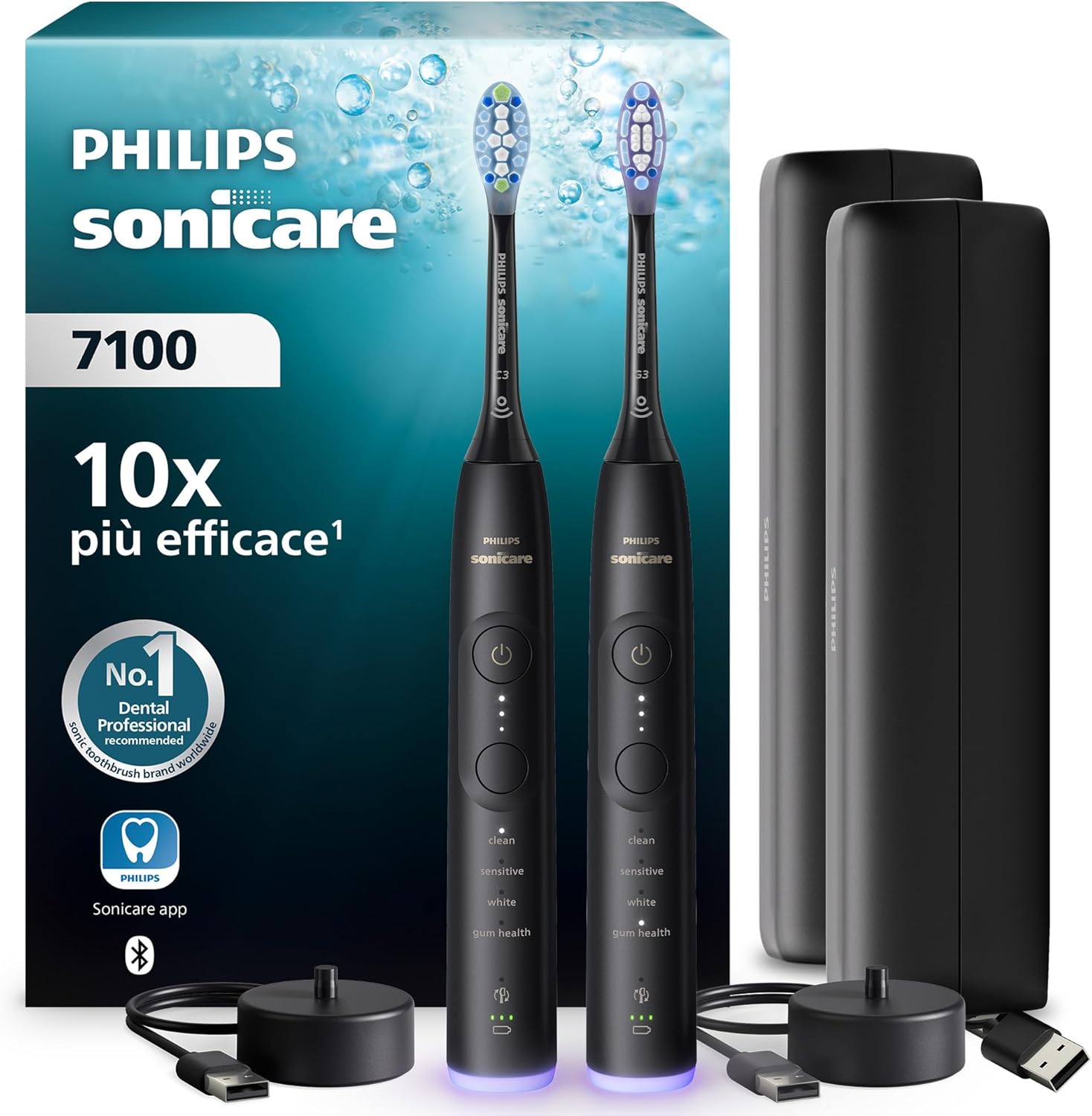 Detalle de Philips Sonicare 7100: spazzolino sonico con app, 4 modalità, 3 intensità e avviso di pressione – confezione da 2
