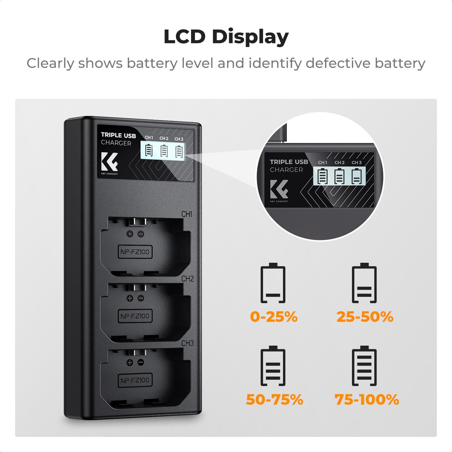 Thumbnail 3 de K&F CONCEPT NP-FZ100 Ladegerät mit 3 Slots und LCD-Display für Sony A7 III/A7 IV/A7R V