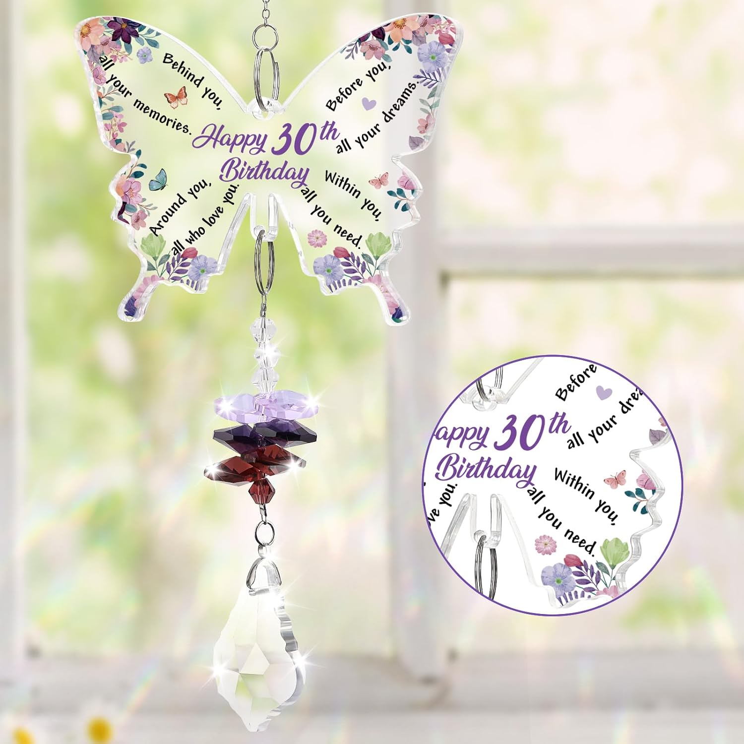 Detalle 2 de KAAYEE 30th Birthday Butterfly Crystal Suncatcher Gift – Amethyst Pendant, Engraved Keepsake