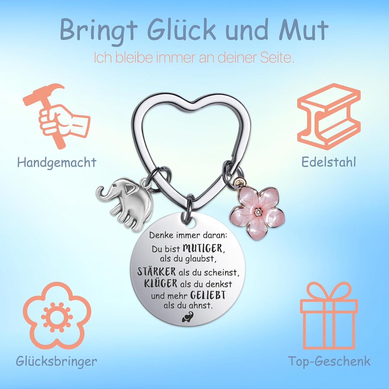 Detalle 2 de Farbeele Positive Elefant mit Glücksbringer Schlüsselanhänger – Mutmacher Geschenk zum Verschenken