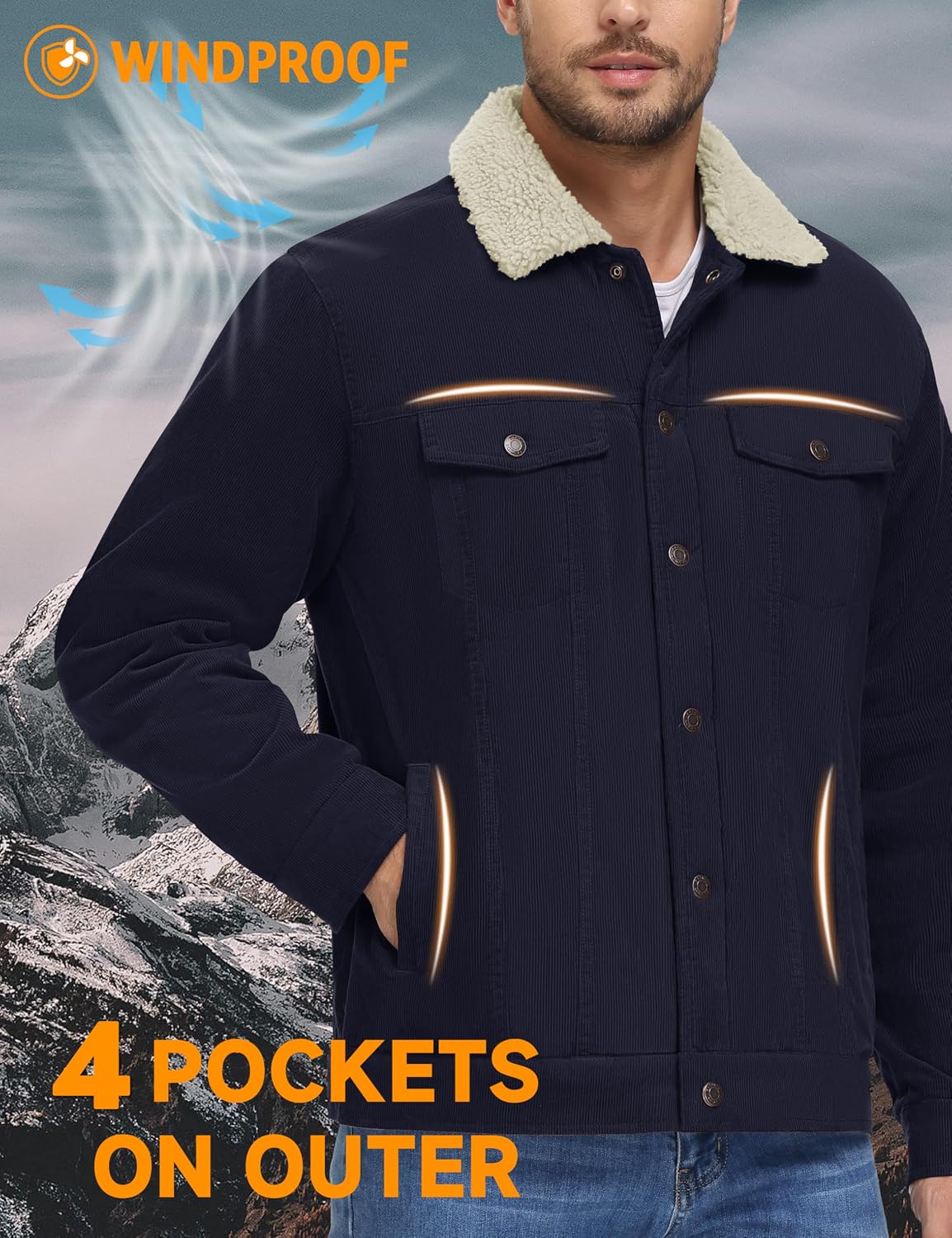 Detalle de MAGNIVIT MT-481-L22M687 Men's Corduroy Jacket, Fleece Lined, 5 Pockets