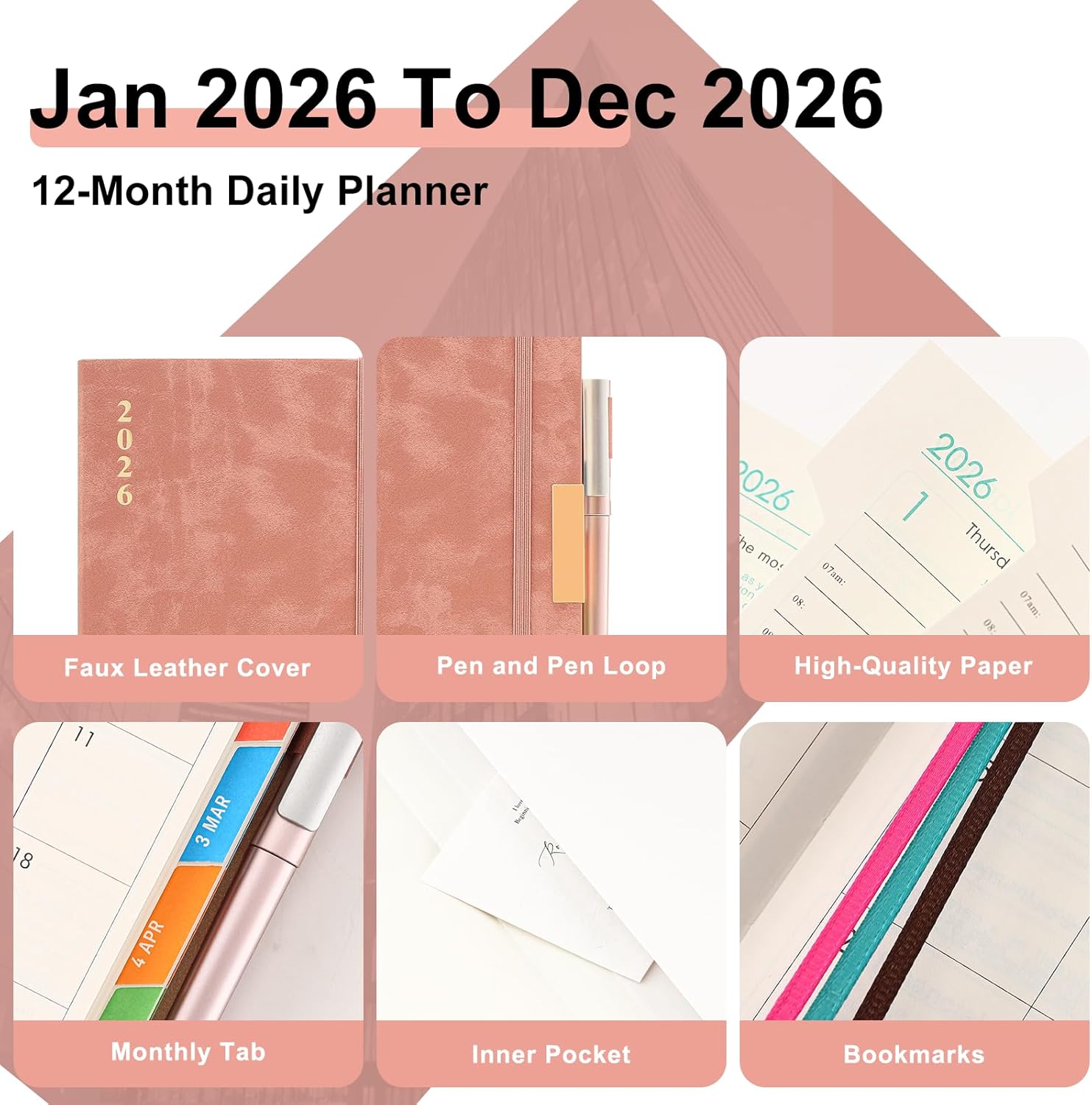 Thumbnail 6 de 2026 A5 Page-a-Day Diary (Jan to Dec) with Monthly Tabs, Pen Loop & Pocket – Pink bookmarks