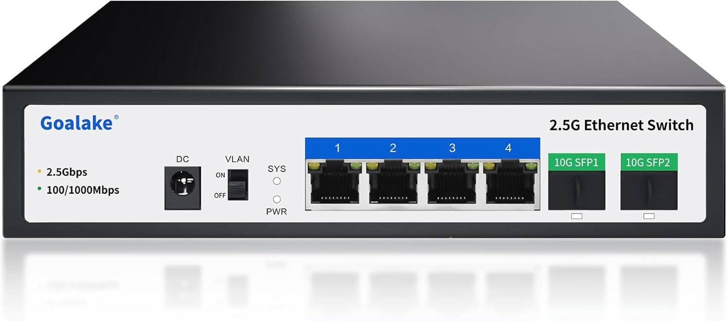 Detalle de Goalake Multi-Gigabit Desktop-Switch (4x 2,5G Base-T, 2x SFP+ 10G) – nicht verwaltet, ideal fürs kleine Büro