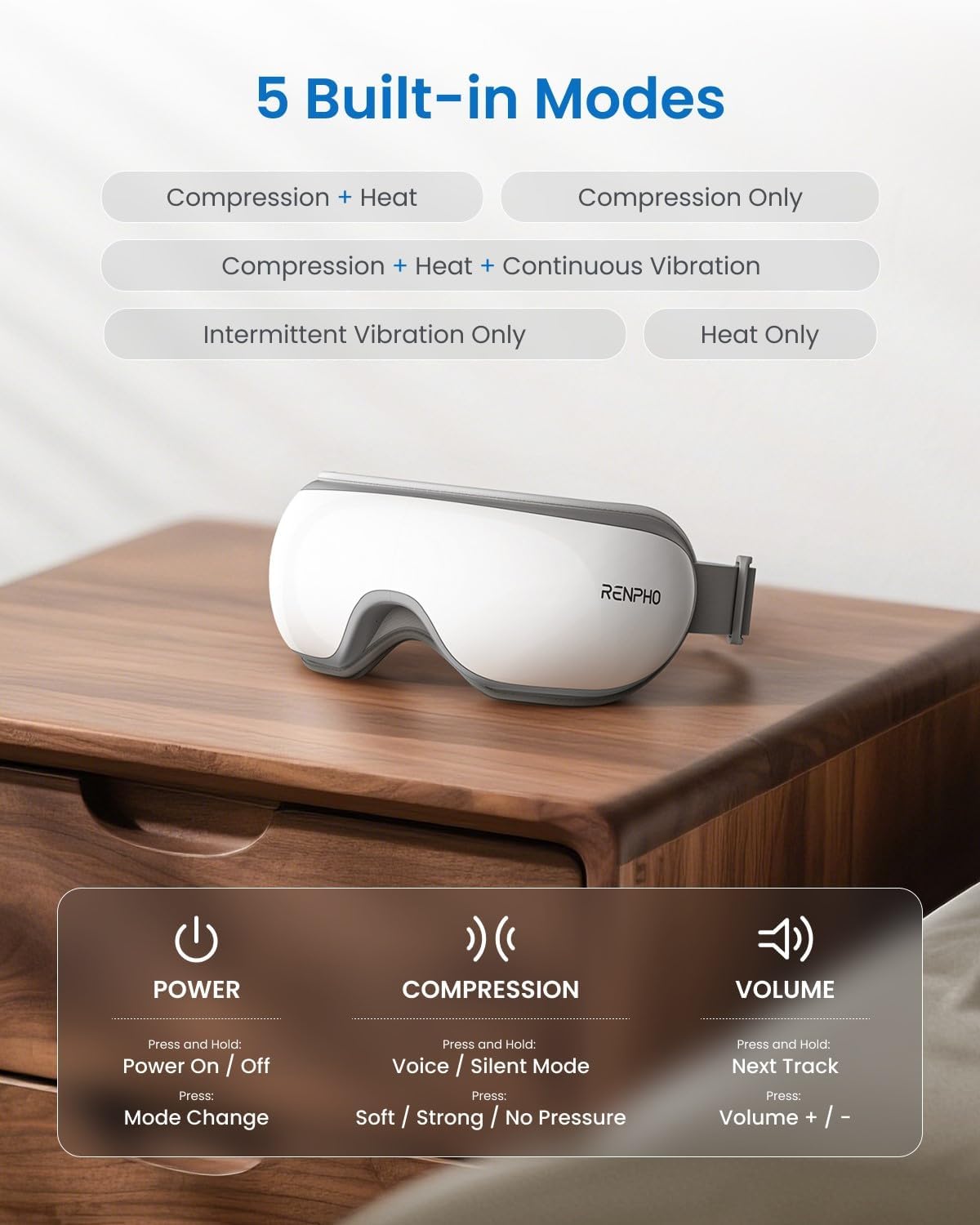 Detalle de RENPHO Eyeris 1 heated eye mask with heat, adjustable 180° fit and Bluetooth music