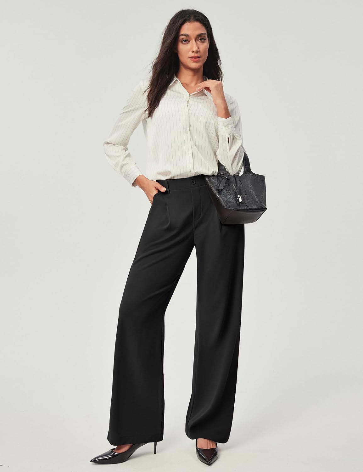 Detalle de Ewedoos Wide Leg Trousers for Women – Stretchy Palazzo Pants with Pockets for Work and Casual Wear