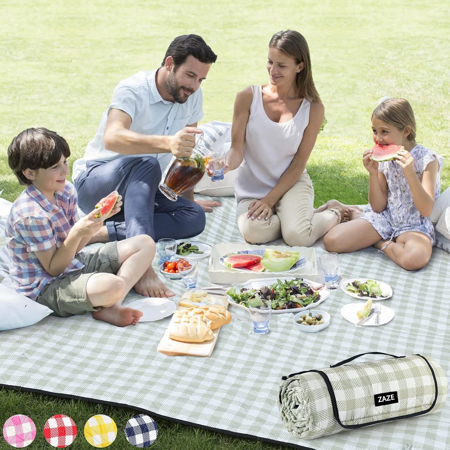 Detalle de ZAZE Extra Large Picnic Outdoor Blanket (80''x80'') Waterproof Gingham Foldable Mat