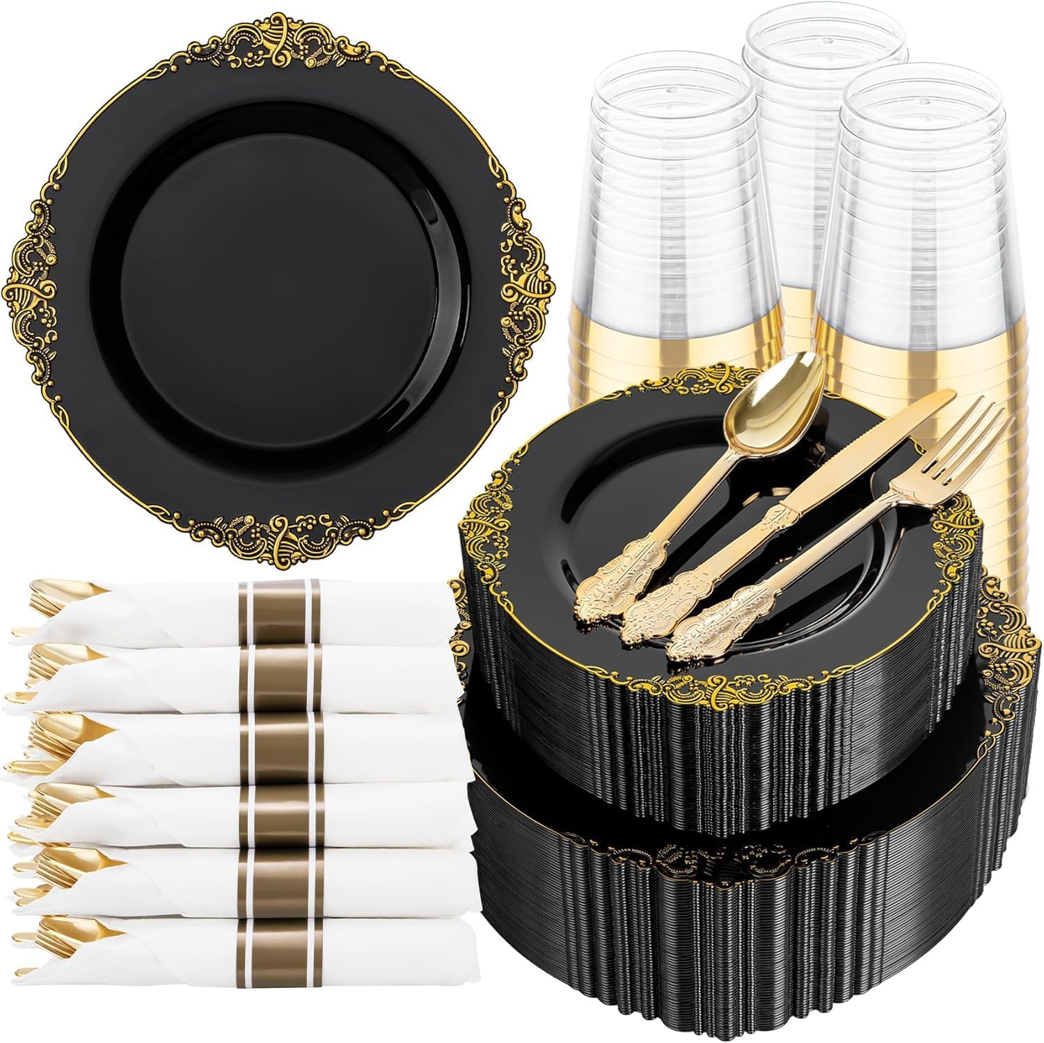 Detalle de Hioasis 350pcs Black & Gold Party Plates Set for 50 Guests