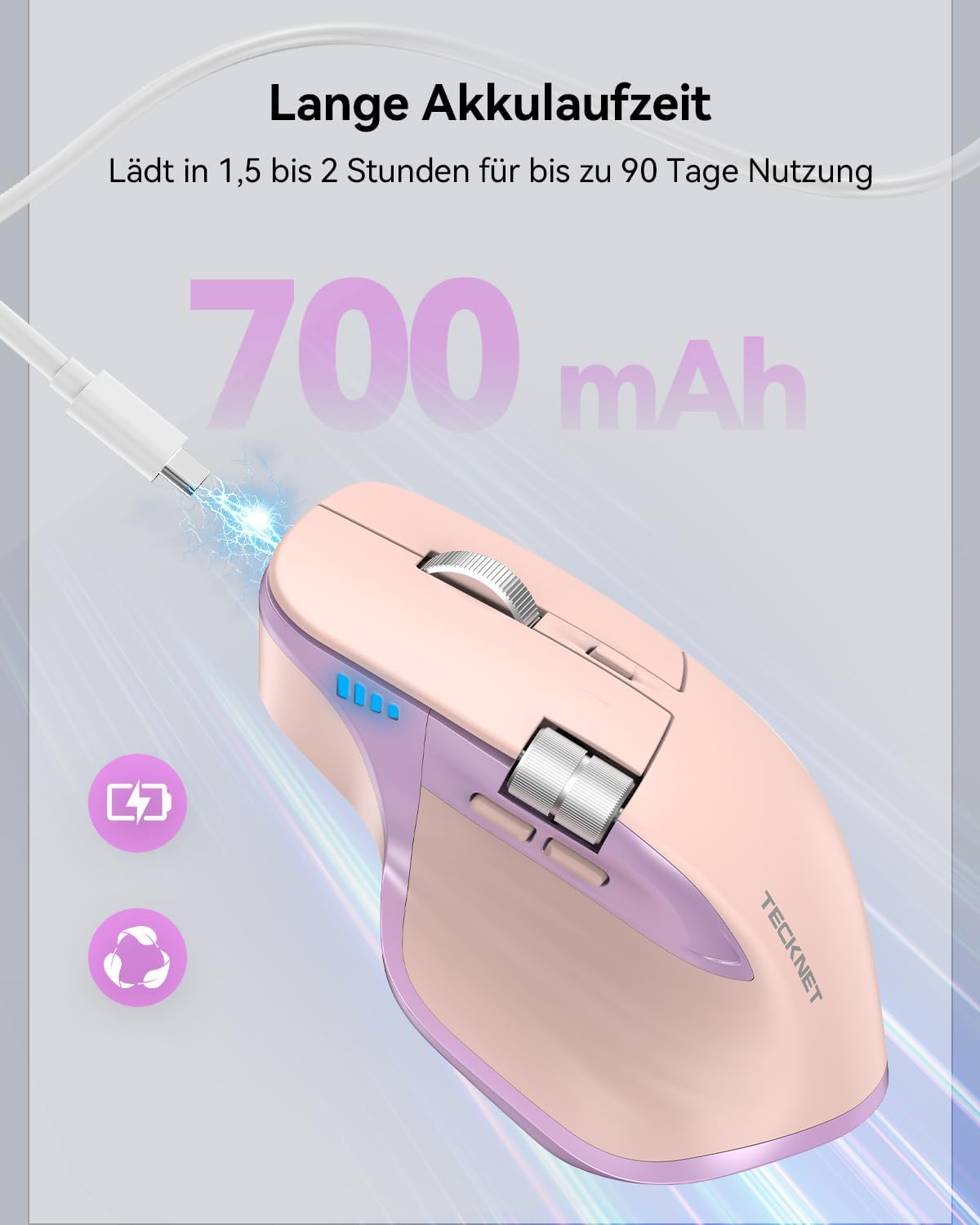 Detalle de TECKNET Bluetooth Maus kabellos – BT5.3/5.0 + 2,4 GHz, seitliches Mausrad, 4800 DPI, 7 Tasten, USB‑C Aufladung, rosa (Rechtshänder)